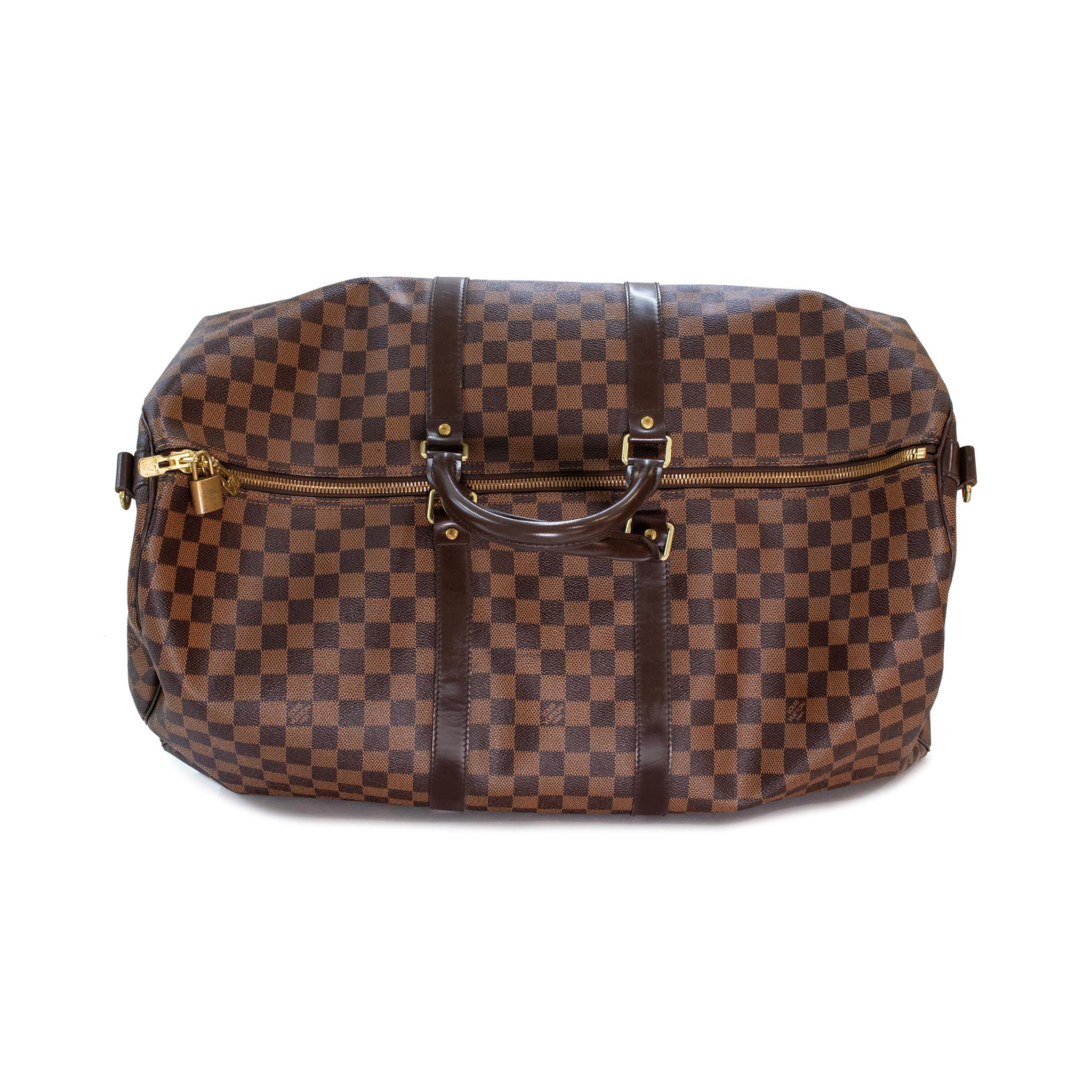 Women's or Men's Louis Vuitton N41414 Damier Ebene Keepall Bandouliere 55 Duffle Leather Handbag