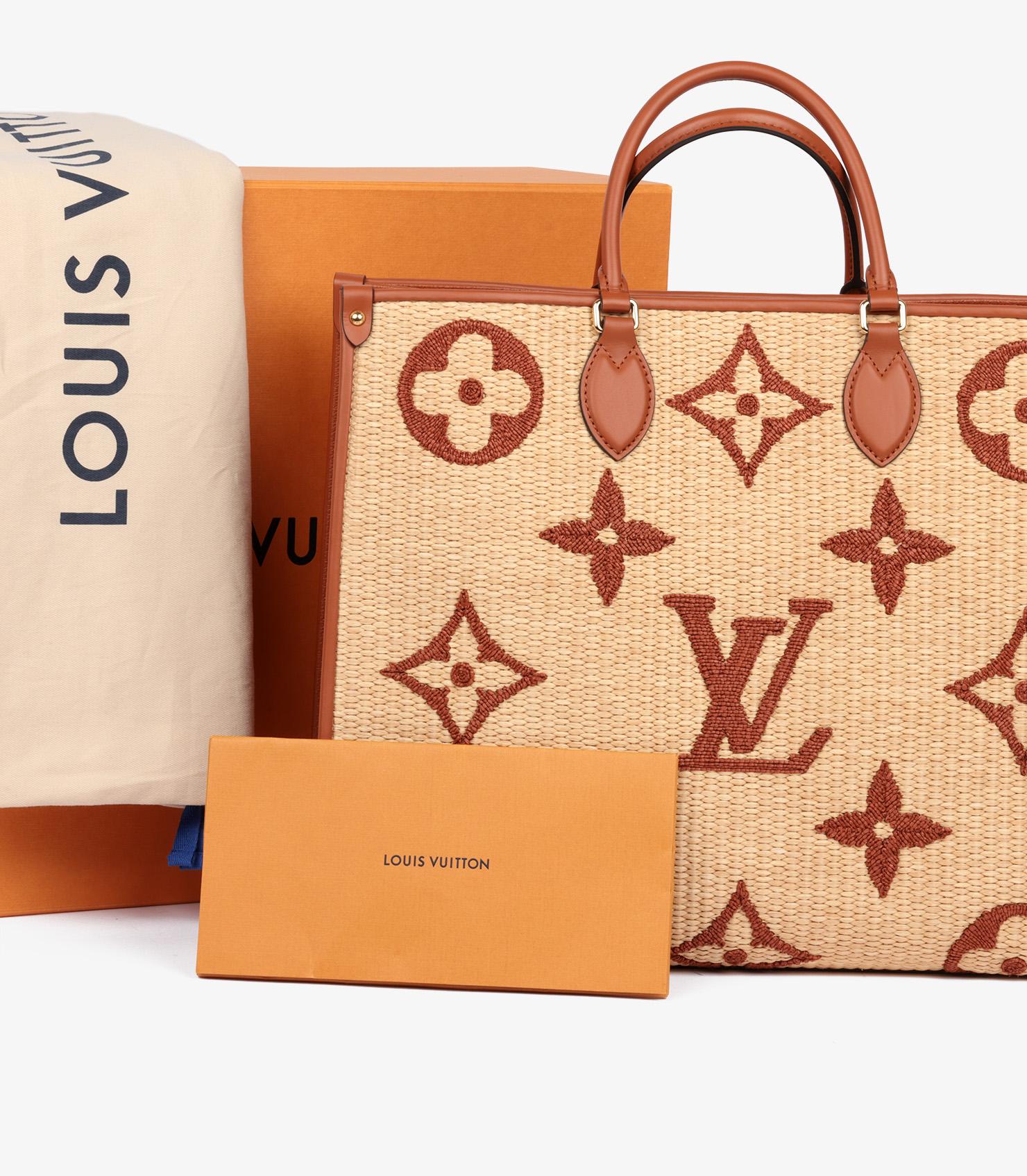 Louis Vuitton Natural Giant Monogram Raffia & Tan Calfskin Leather Onthego GM For Sale 6
