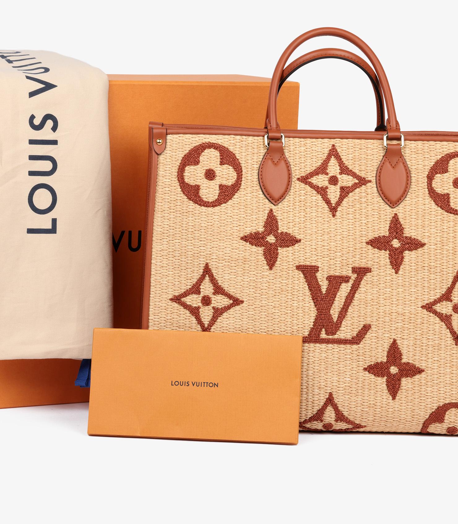 Louis Vuitton Natural Giant Monogram Raffia & Tan Calfskin Leather Onthego GM For Sale 5