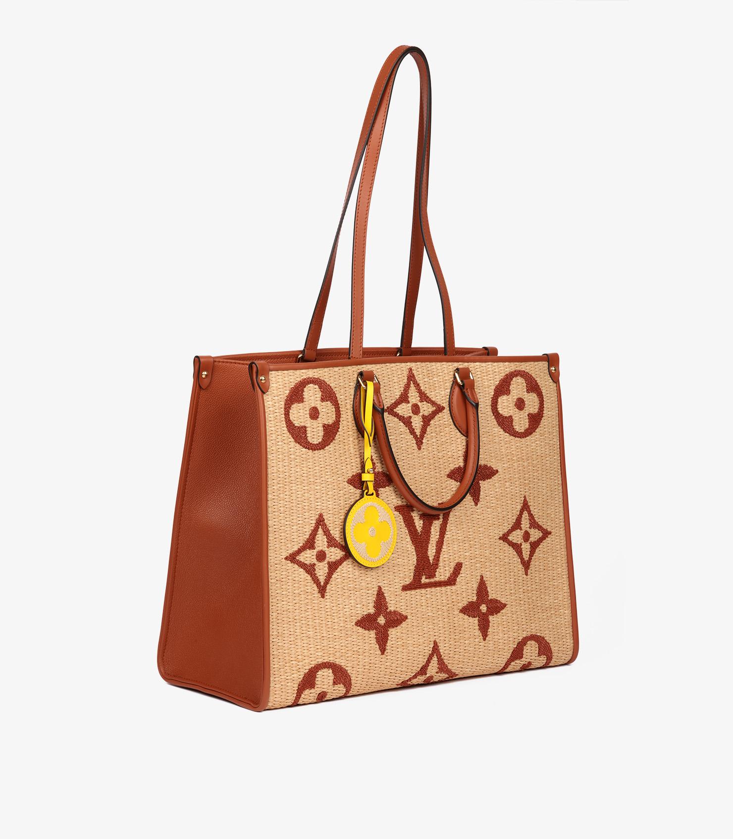 Orange Louis Vuitton Natural Giant Monogram Raffia & Tan Calfskin Leather Onthego GM For Sale