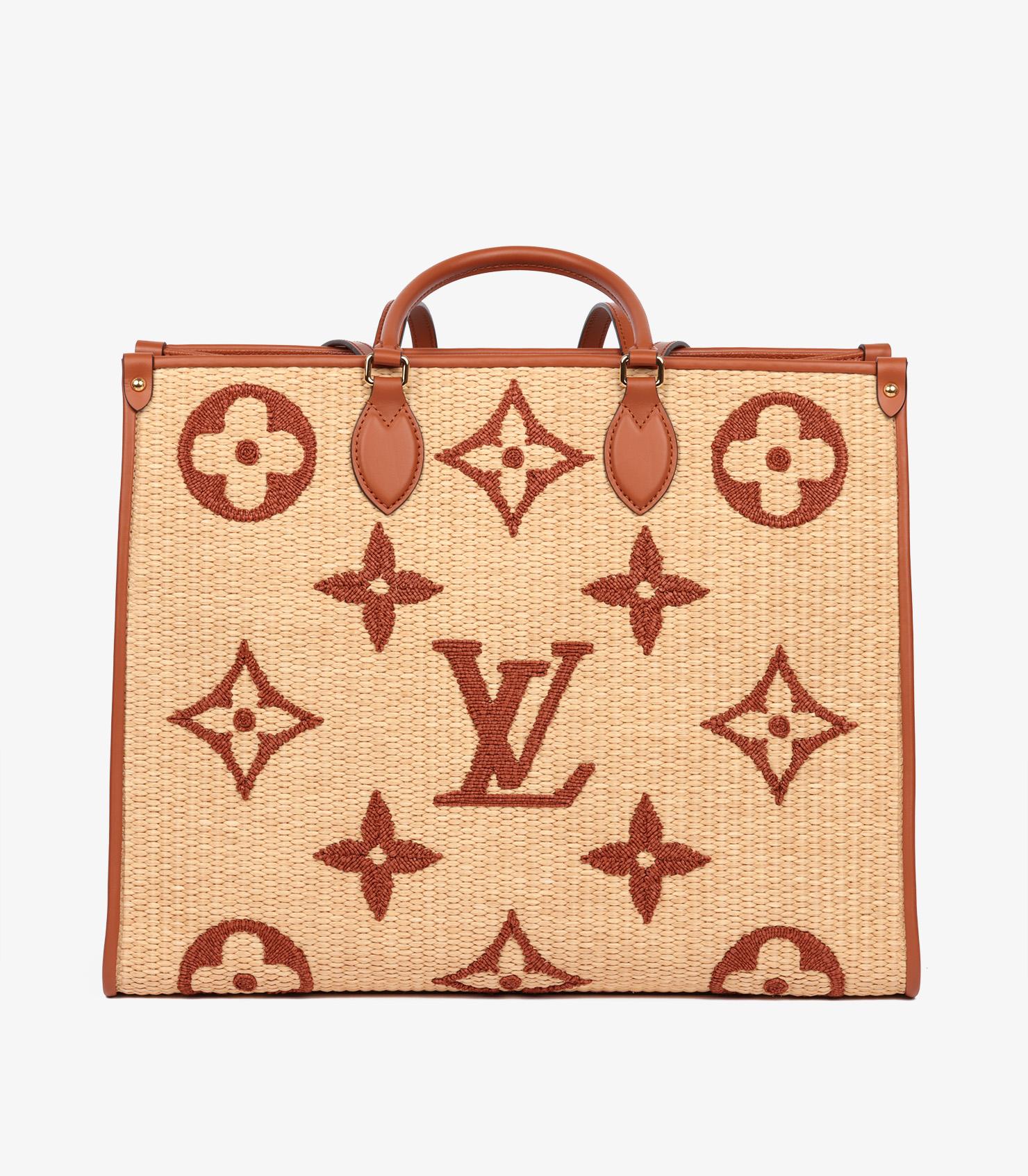 Louis Vuitton Natural Giant Monogram Raffia & Tan Calfskin Leather Onthego GM For Sale 2