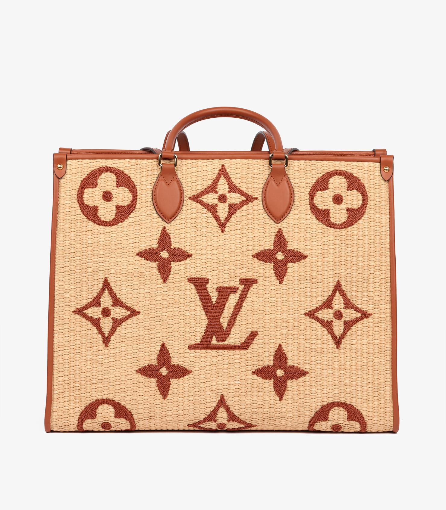 Louis Vuitton Natural Giant Monogram Raffia & Tan Calfskin Leather Onthego GM For Sale 1