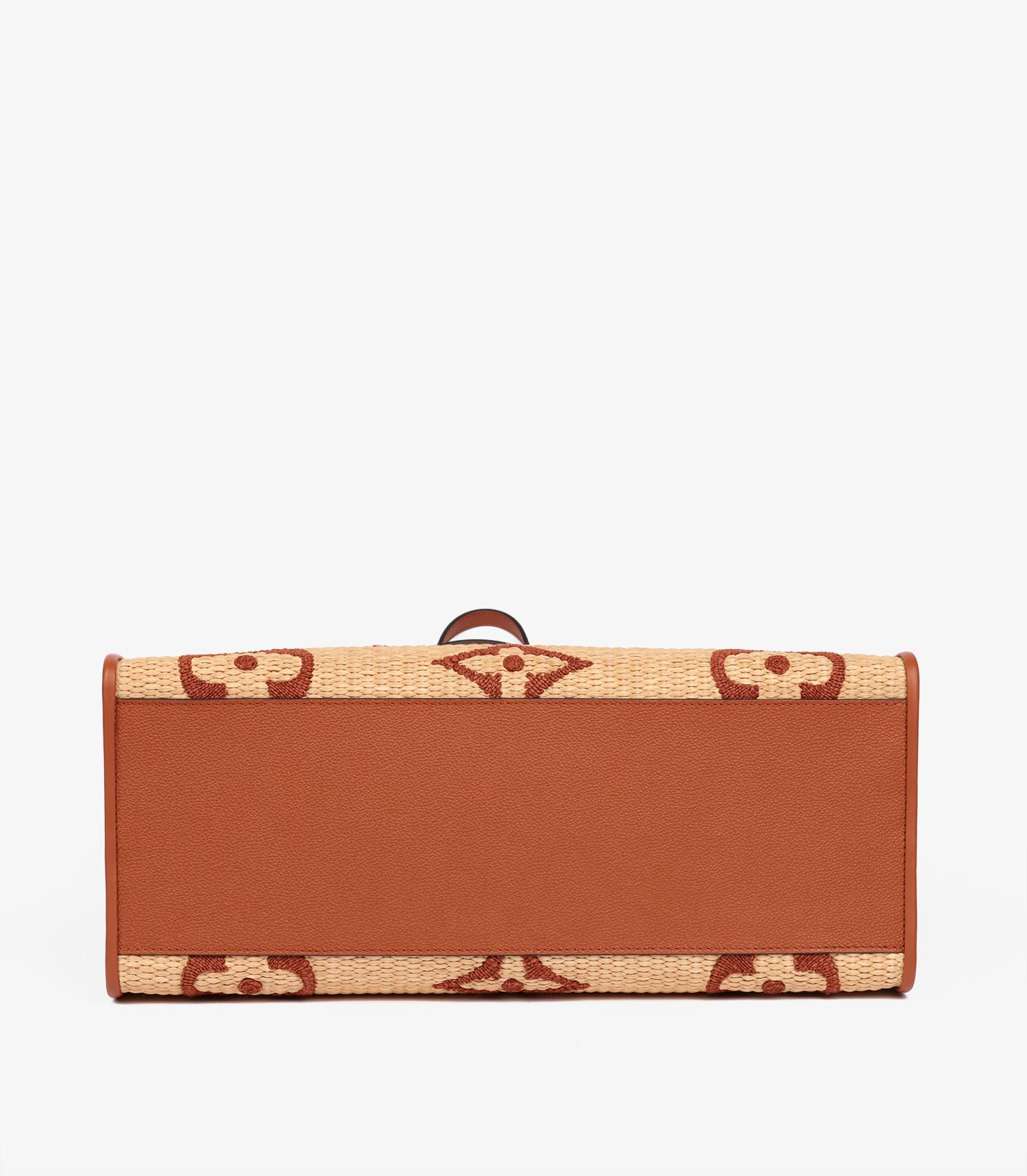 Louis Vuitton Natural Giant Monogram Raffia & Tan Calfskin Leather Onthego GM For Sale 2