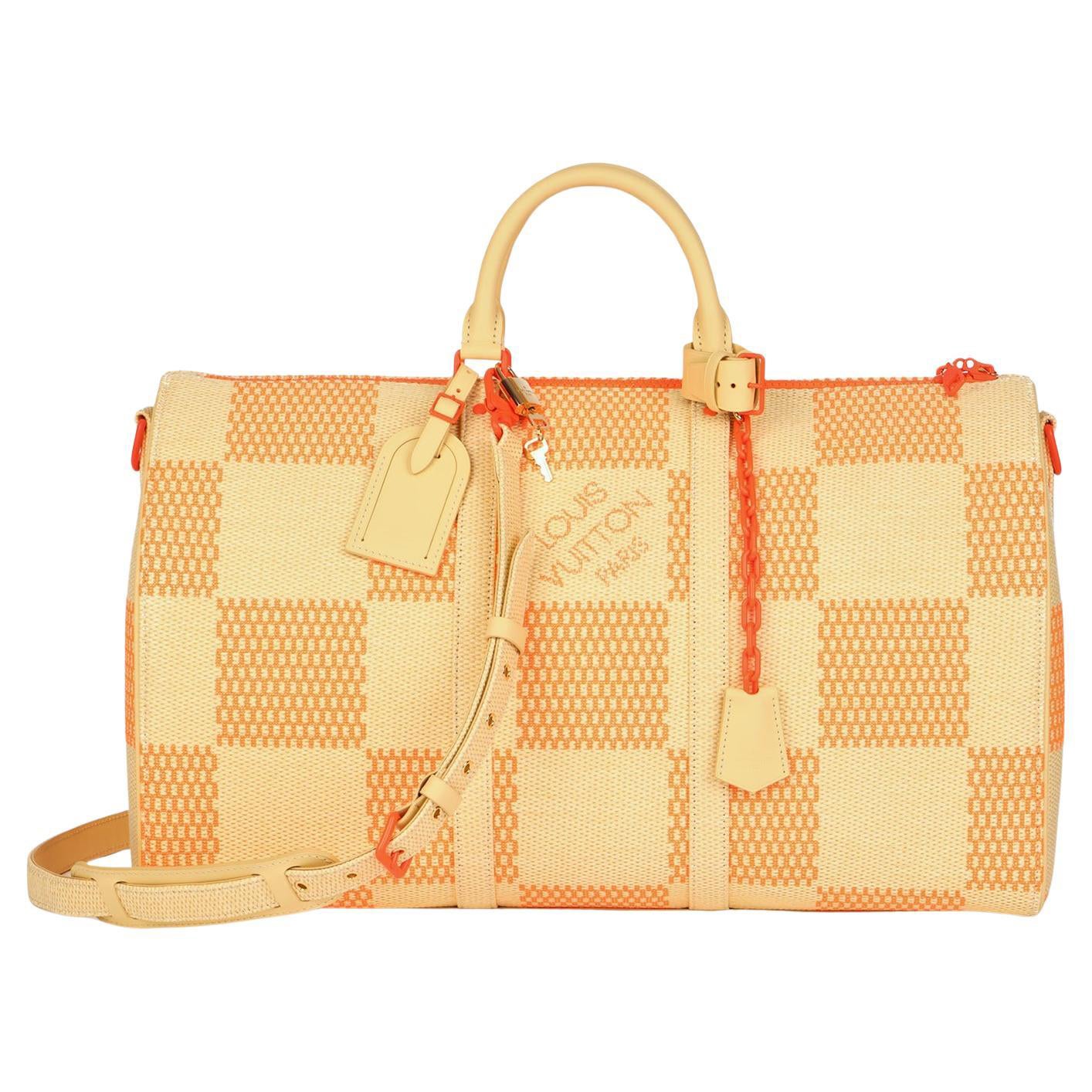 Keepall 50 Bandoulière Louis Vuitton en raphia Nature et orange, cuir de veau beige en vente