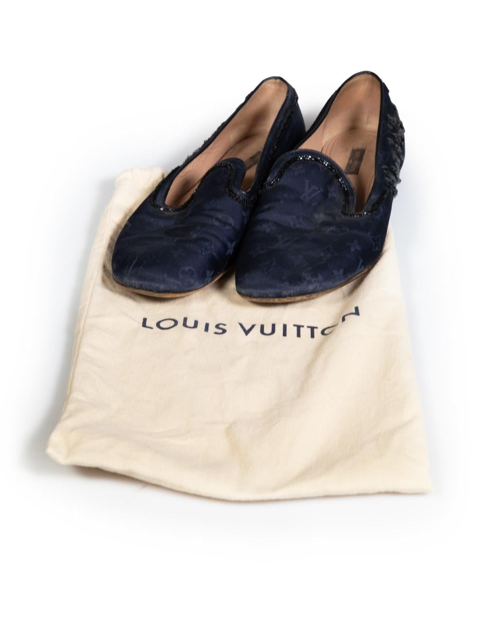 De las mujeres Louis Vuitton Navy Beaded Monogram Loafers Size IT 39.5 en venta