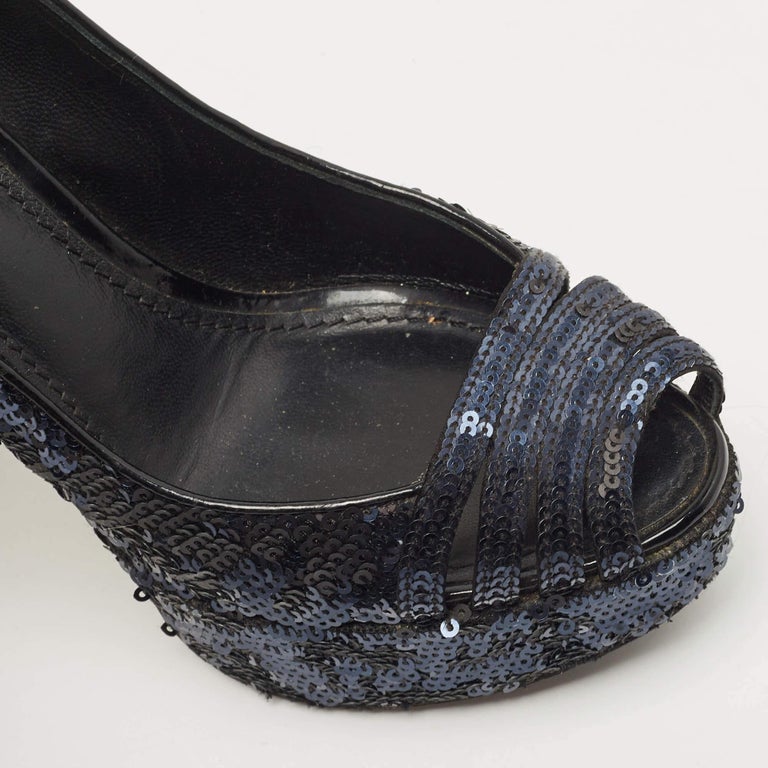Louis Vuitton Navy Blue/Black Sequins Peep Toe Platform Pumps Size