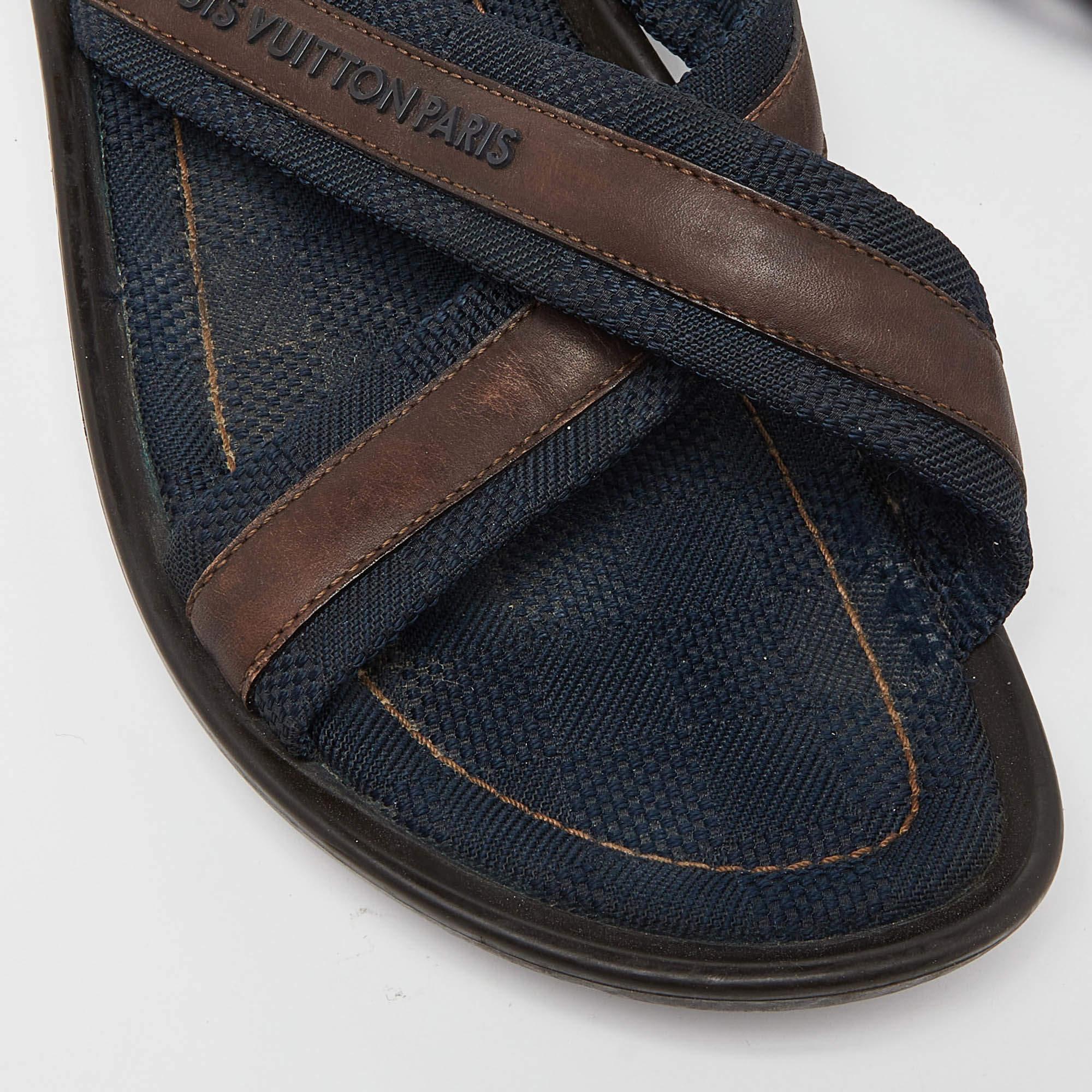 Louis Vuitton Navy Blue/Brown Canvas and Leather Cross Strap Slides Size 43 For Sale 6