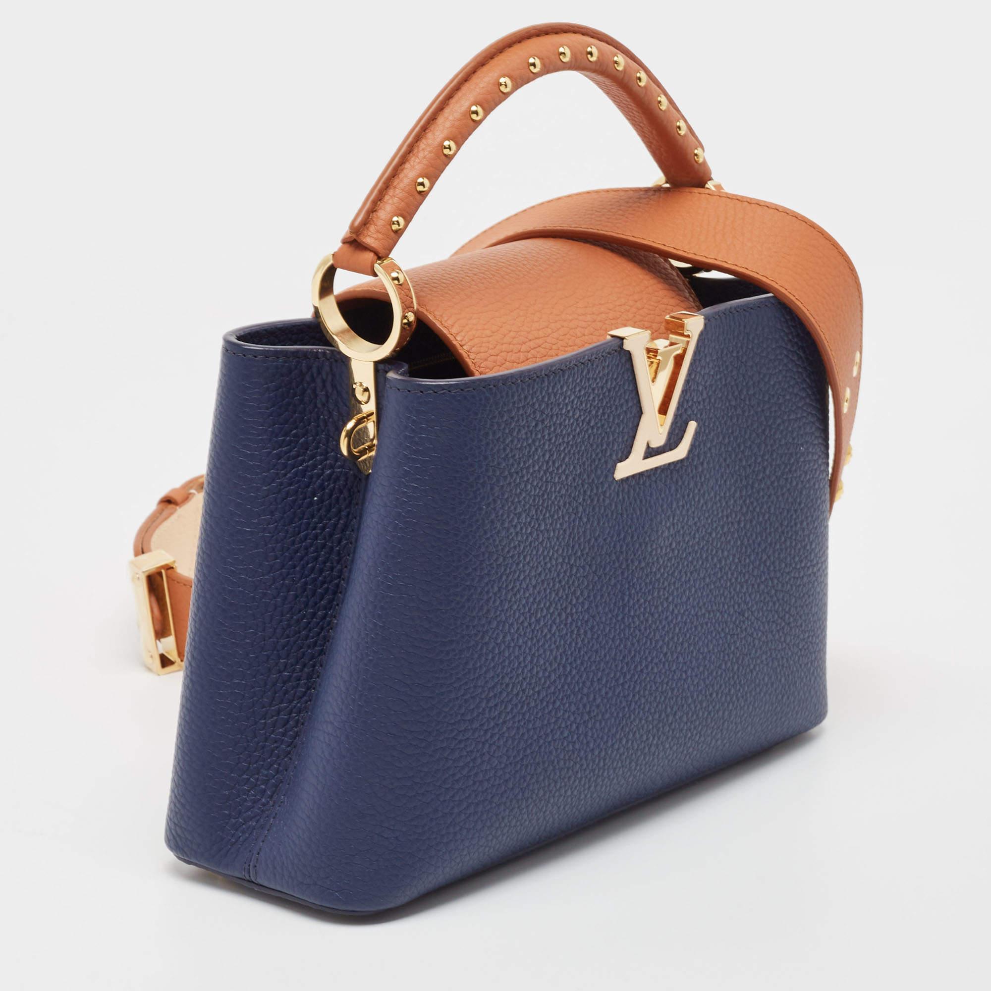 Louis Vuitton Navy Blue/Brown Leather Studded Capucines BB Bag In Excellent Condition In Dubai, Al Qouz 2