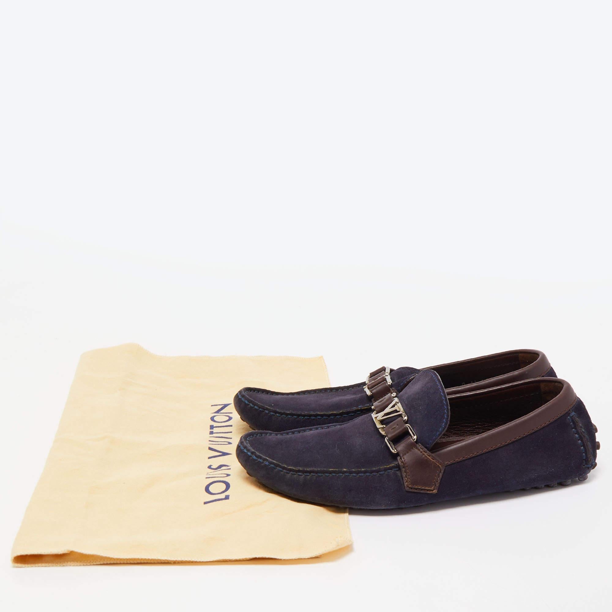 Louis Vuitton Navy Blue/Brown Suede and Leather Hockenheim Slip On Loafers Size  For Sale 1