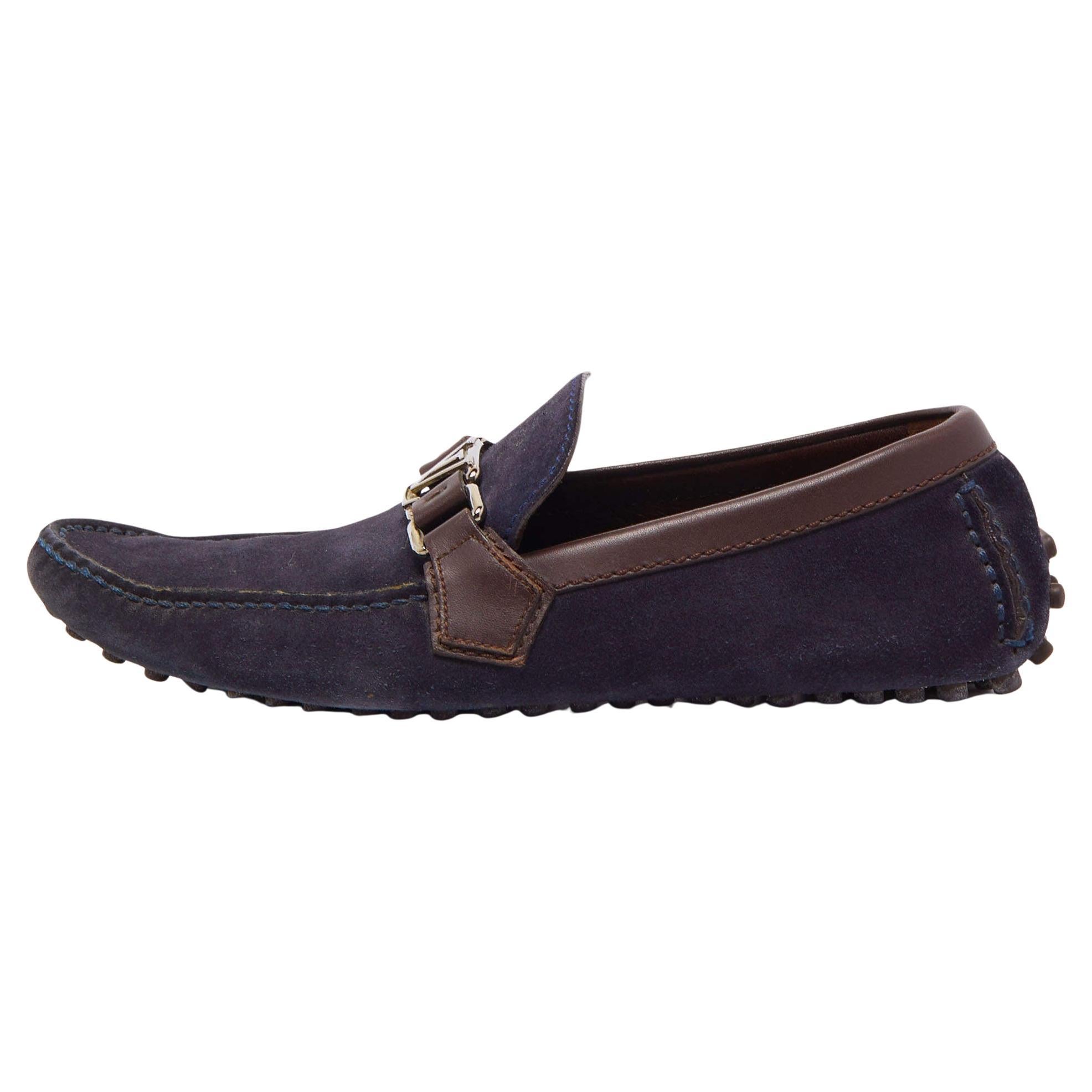 Louis Vuitton Navy Blue/Brown Suede and Leather Hockenheim Slip On Loafers Size  For Sale