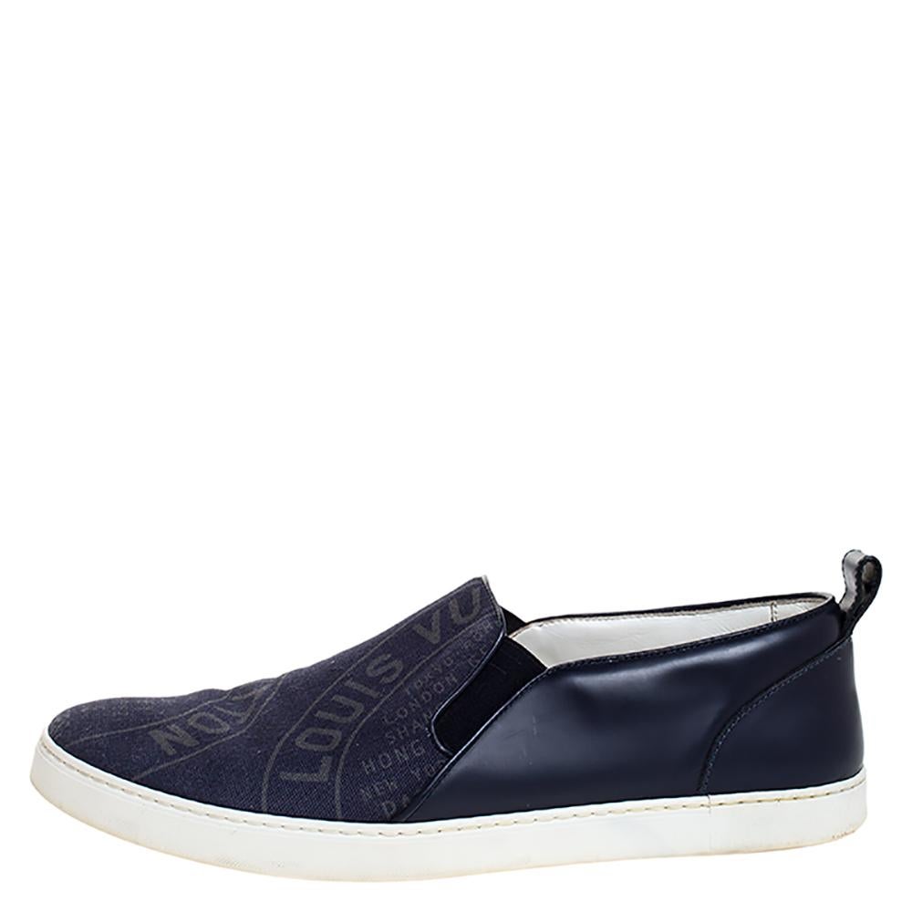 Flaunt your love for fashion by wearing these slip-on sneakers from Louis Vuitton. These trendy blue sneakers are versatile and can be worn on any casual occasion. They are expertly crafted from canvas and leather and feature printed