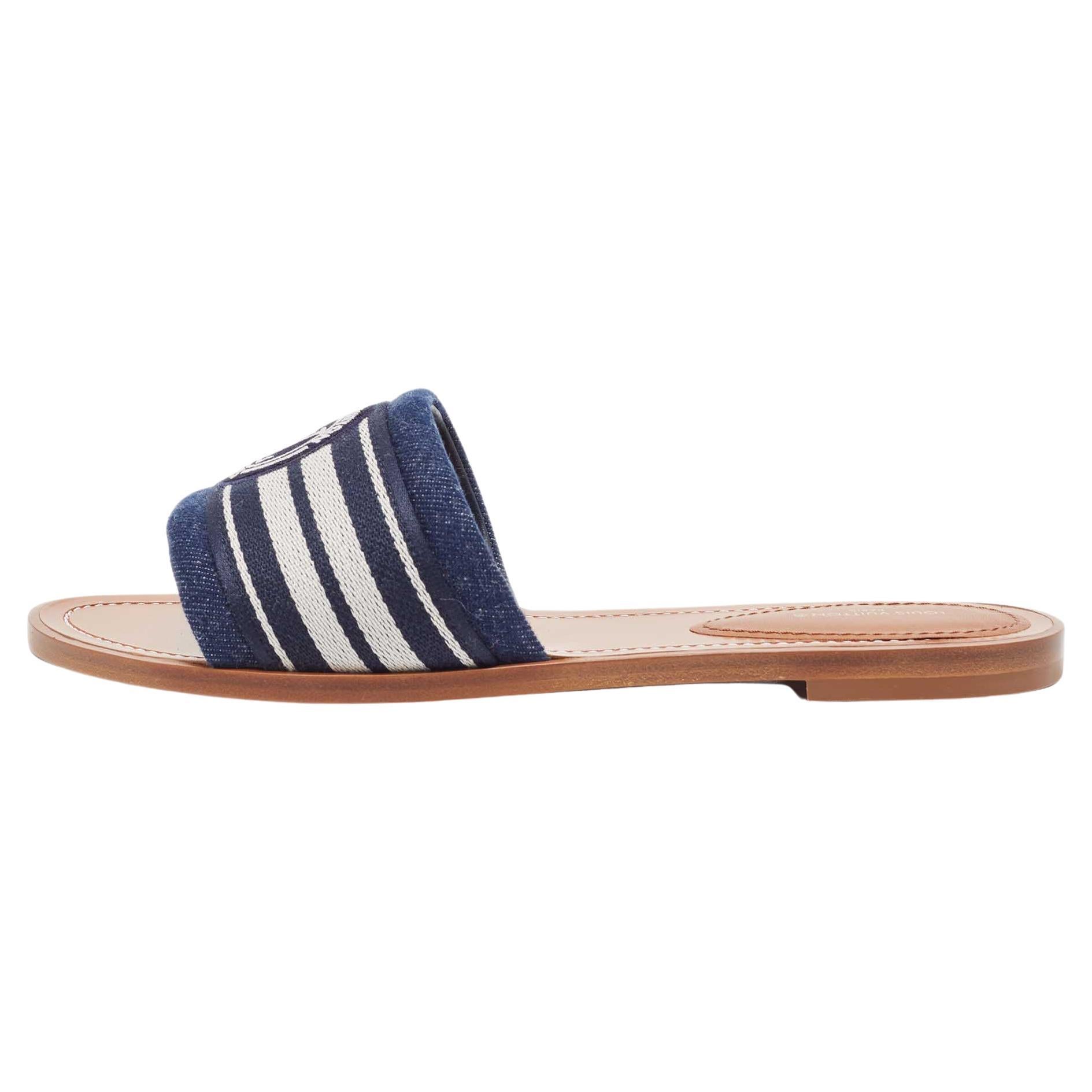 Louis Vuitton Navy Blue Canvas Lock It Flat Slides Size 39
