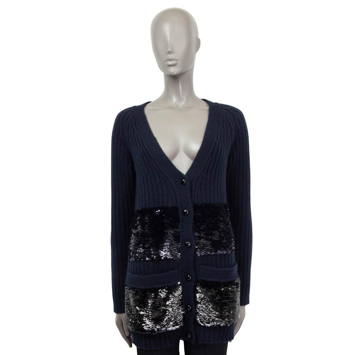 Black LOUIS VUITTON navy blue cashmere SEQUIN POCKETS Cardigan Sweater S For Sale