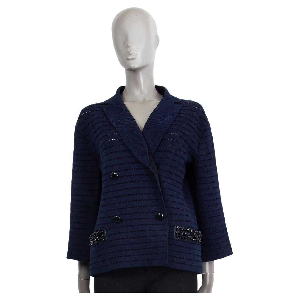 LOUIS VUITTON navy blue cotton BEADED DOUBLE BREASTED KNIT Jacket M For Sale