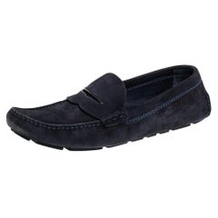 Louis Vuitton Navy Blue Damier Embossed Suede Penny Slip On Loafers Size 43