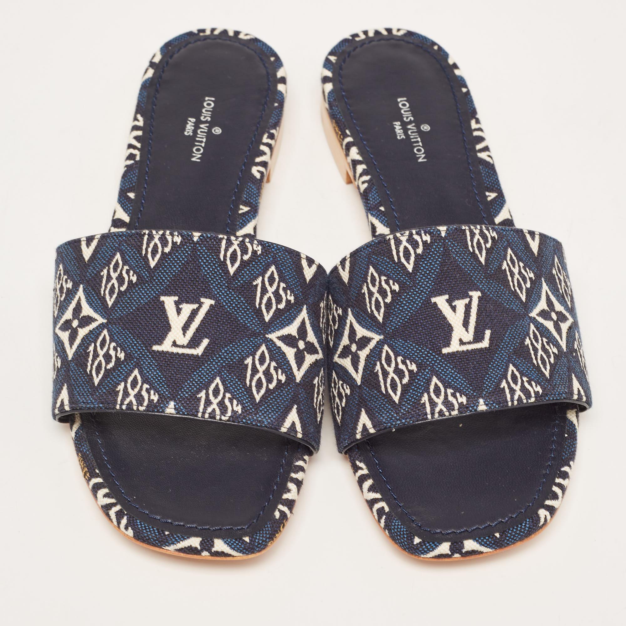 Louis Vuitton Navy Blue Denim Flat Slides Size 36 1
