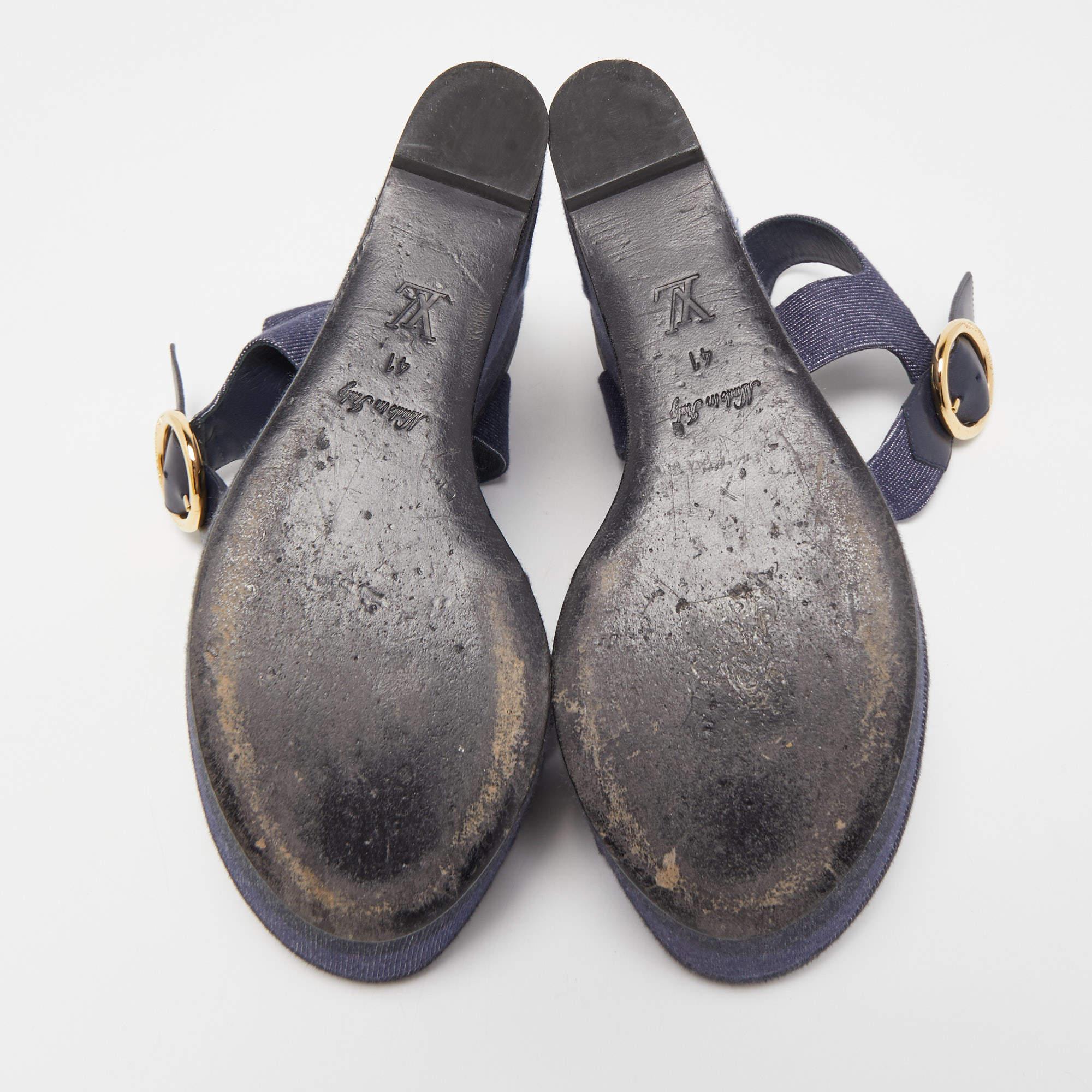 Women's Louis Vuitton Navy Blue Denim Wedge Platform Ankle Strap Sandals Size 41