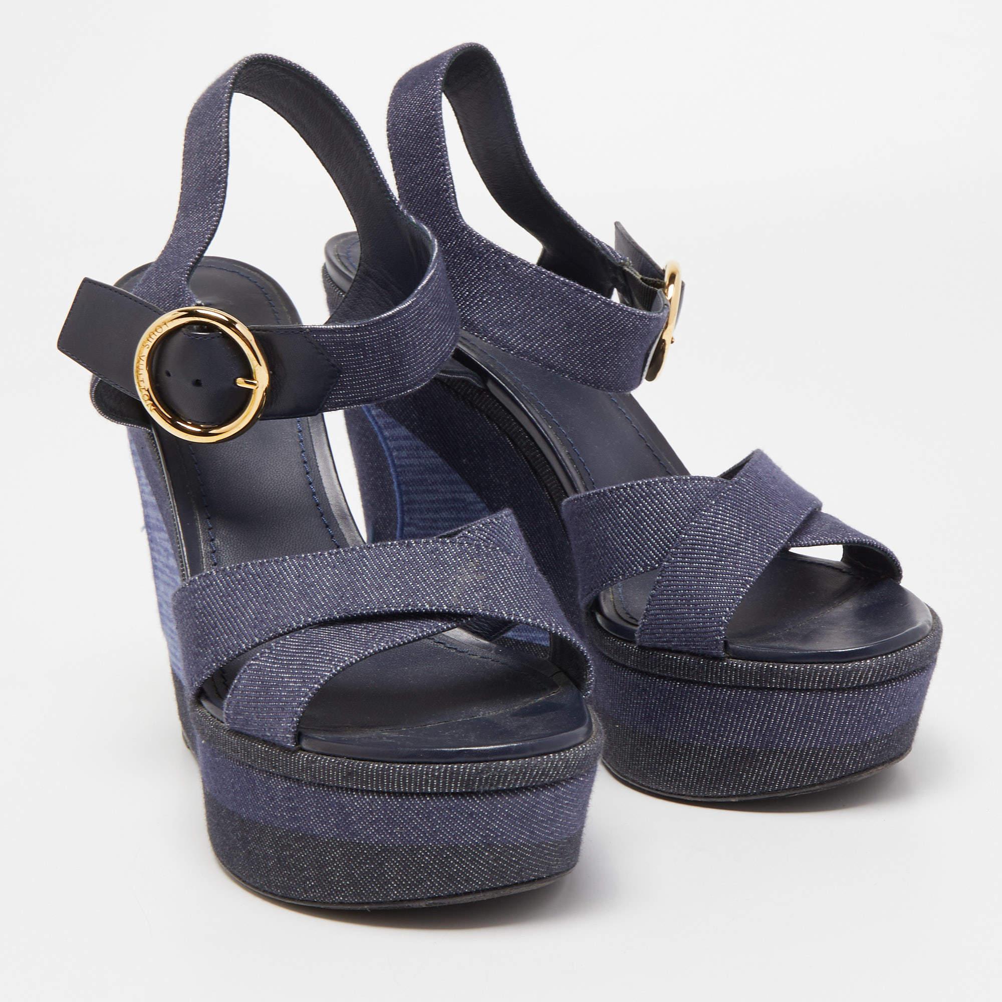 Louis Vuitton Navy Blue Denim Wedge Platform Ankle Strap Sandals Size 41 2