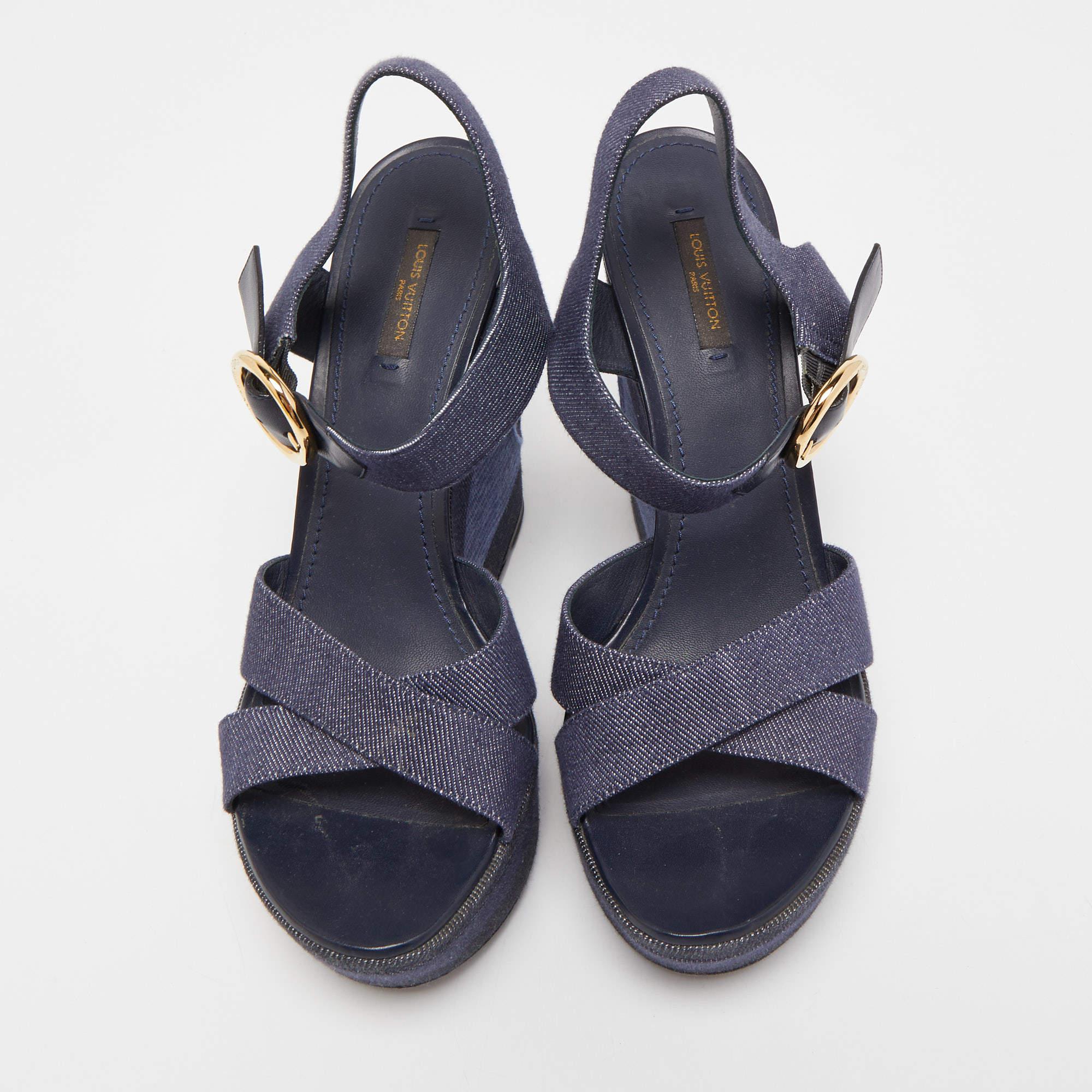 Louis Vuitton Navy Blue Denim Wedge Platform Ankle Strap Sandals Size 41 3