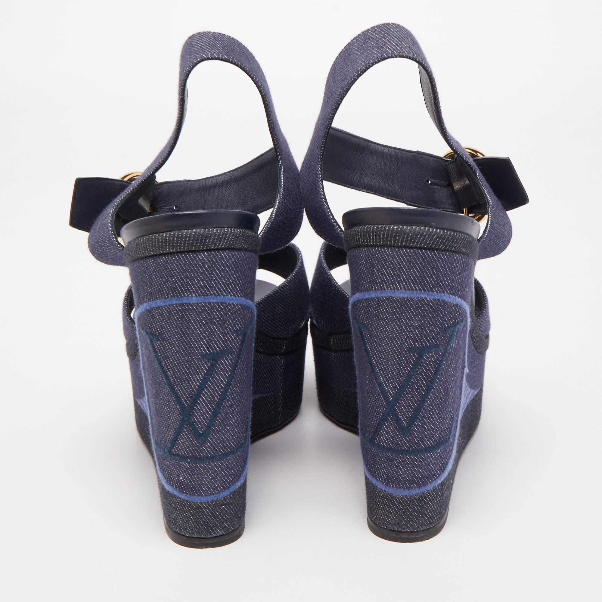Louis Vuitton Navy Blue Denim Wedge Platform Ankle Strap Sandals Size 41 4