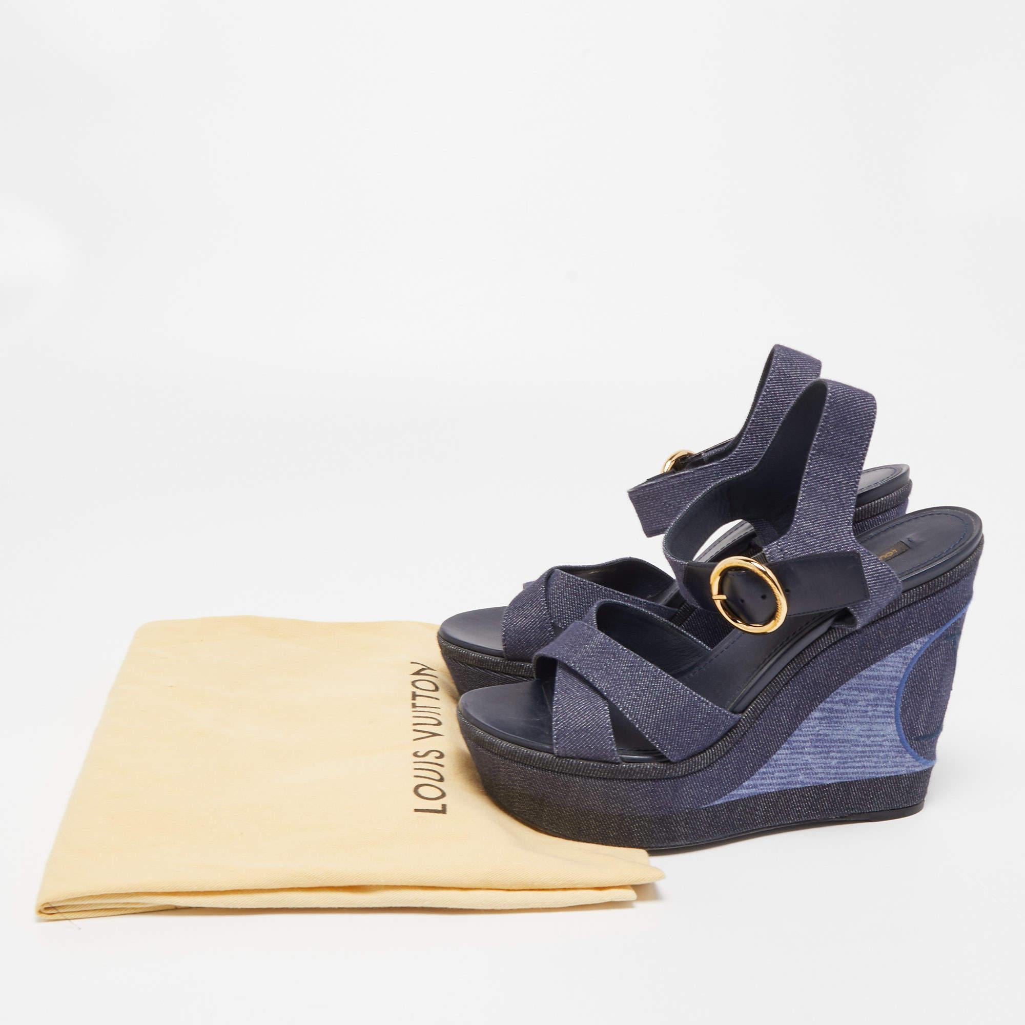 Louis Vuitton Navy Blue Denim Wedge Platform Ankle Strap Sandals Size 41 5