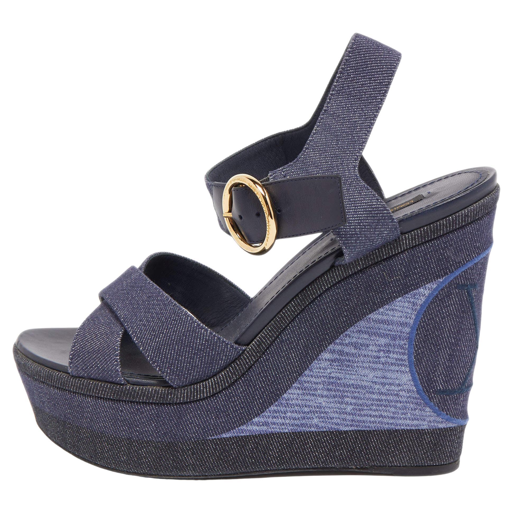Louis Vuitton Navy Blue Denim Wedge Platform Ankle Strap Sandals Size 41