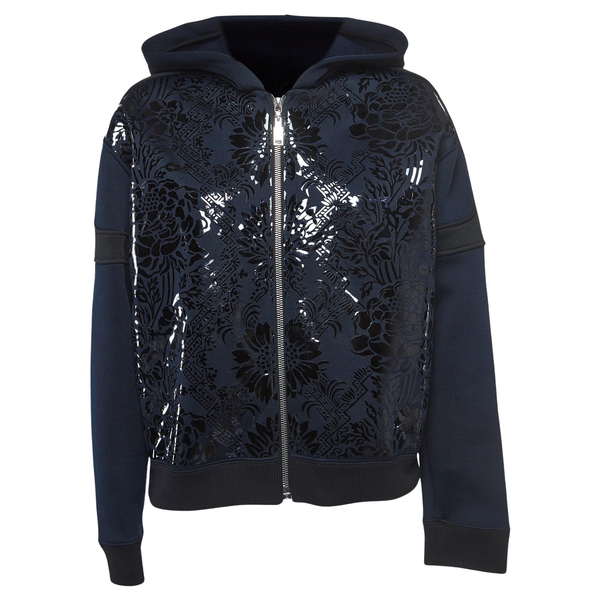 Louis Vuitton Navy Blue Floral Pattern Leather Trim Knit Zipper Jacket L