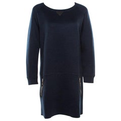 Louis Vuitton Navy Blue Knit Leather Pocket Trim Detail Long Sleeve Dress L