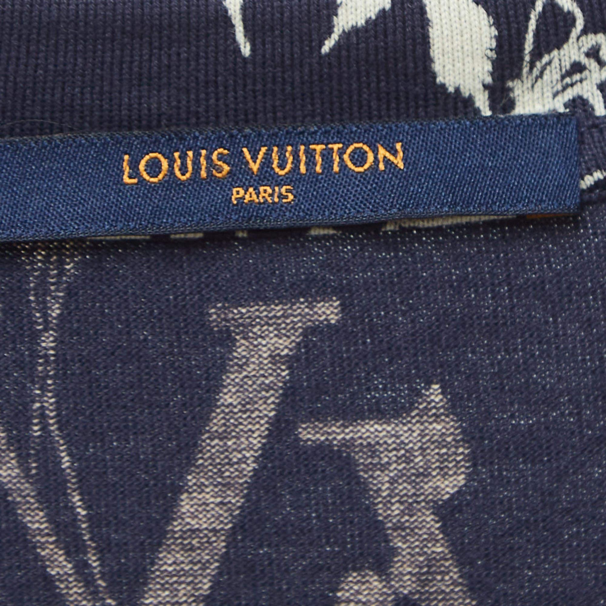 Men's Louis Vuitton Navy Blue Leaf Discharge Print Cotton T-Shirt XL