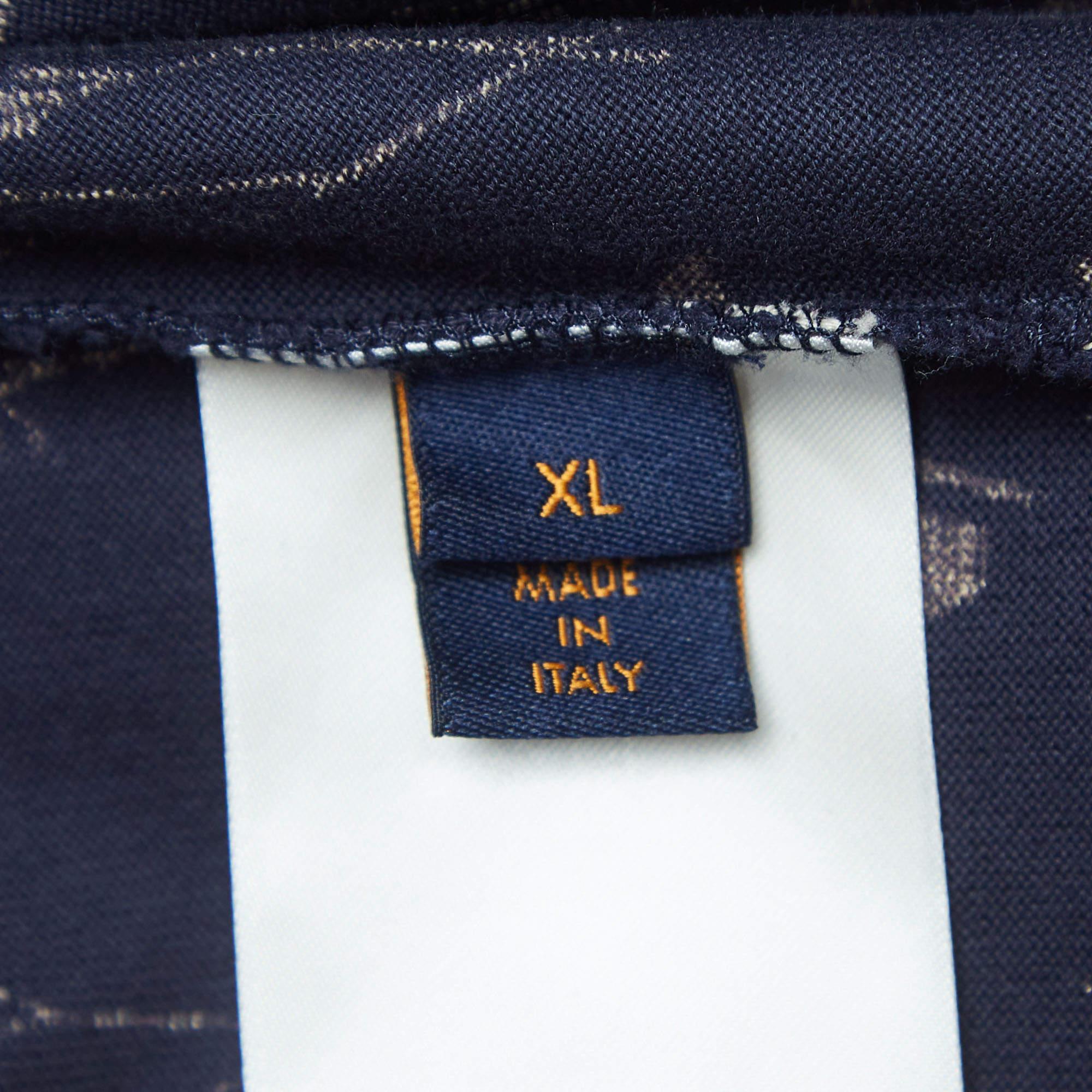 Men's Louis Vuitton Navy Blue Leaf Discharge Print Cotton T-Shirt XL