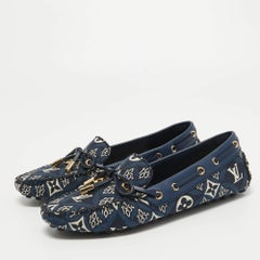 Louis Vuitton Navy Blue Leather and Denim Gloria Loafers Size 36