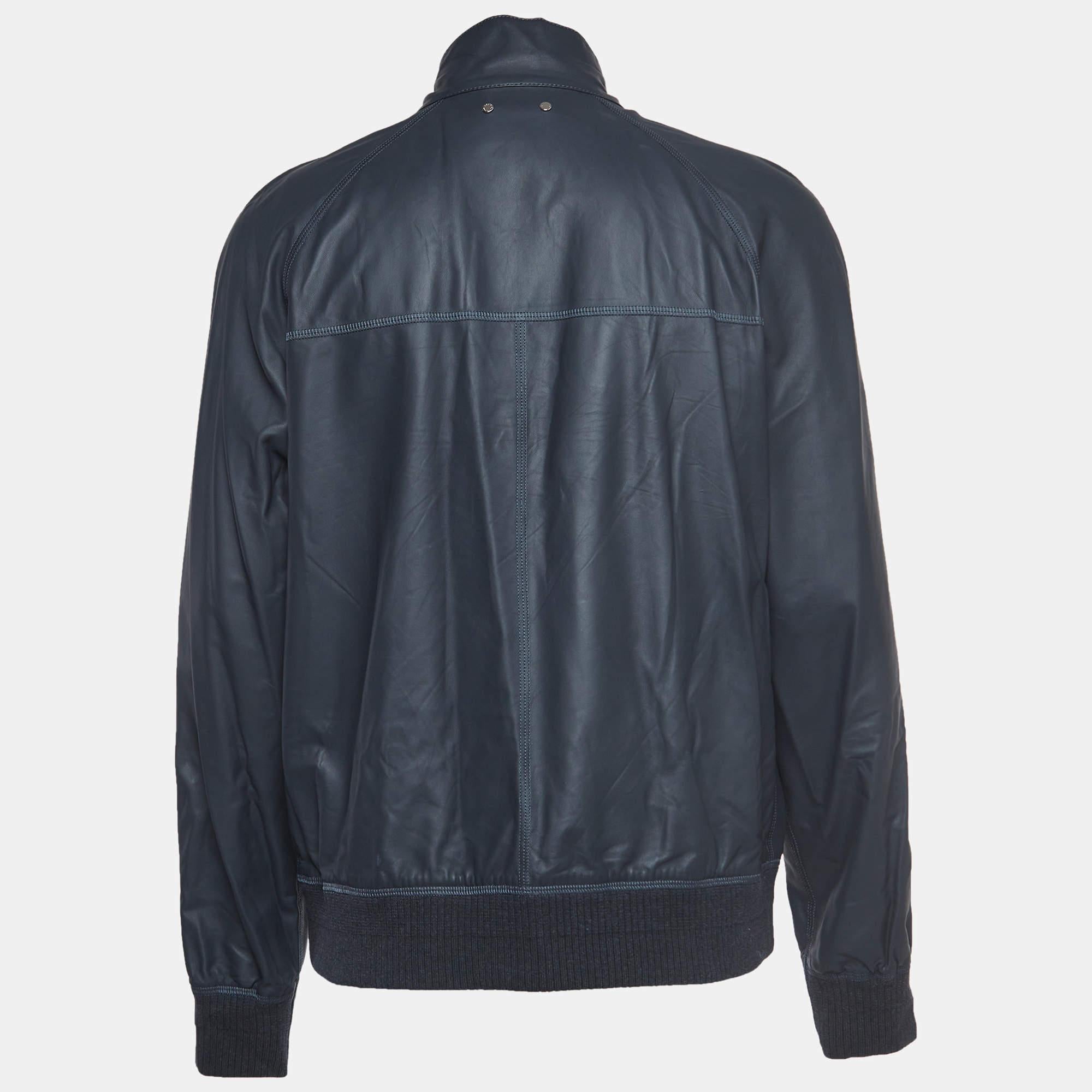 Louis Vuitton Navy Blue Leather and Synthetic Reversible Zipper Jacket XXL 2