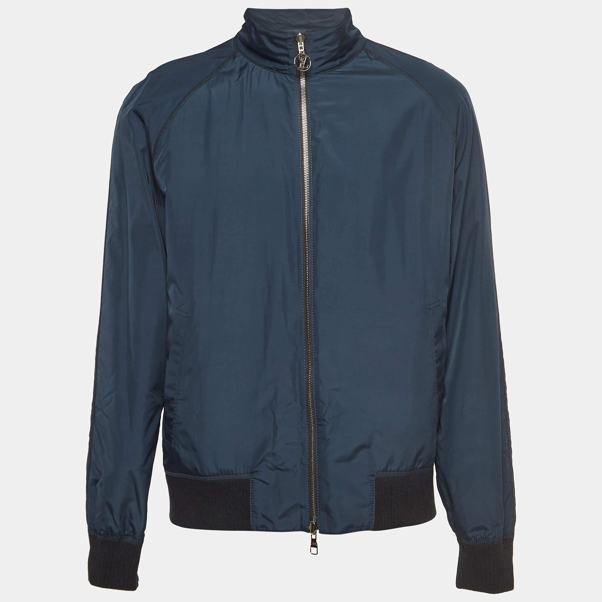 Louis Vuitton Navy Blue Leather and Synthetic Reversible Zipper Jacket XXL 3