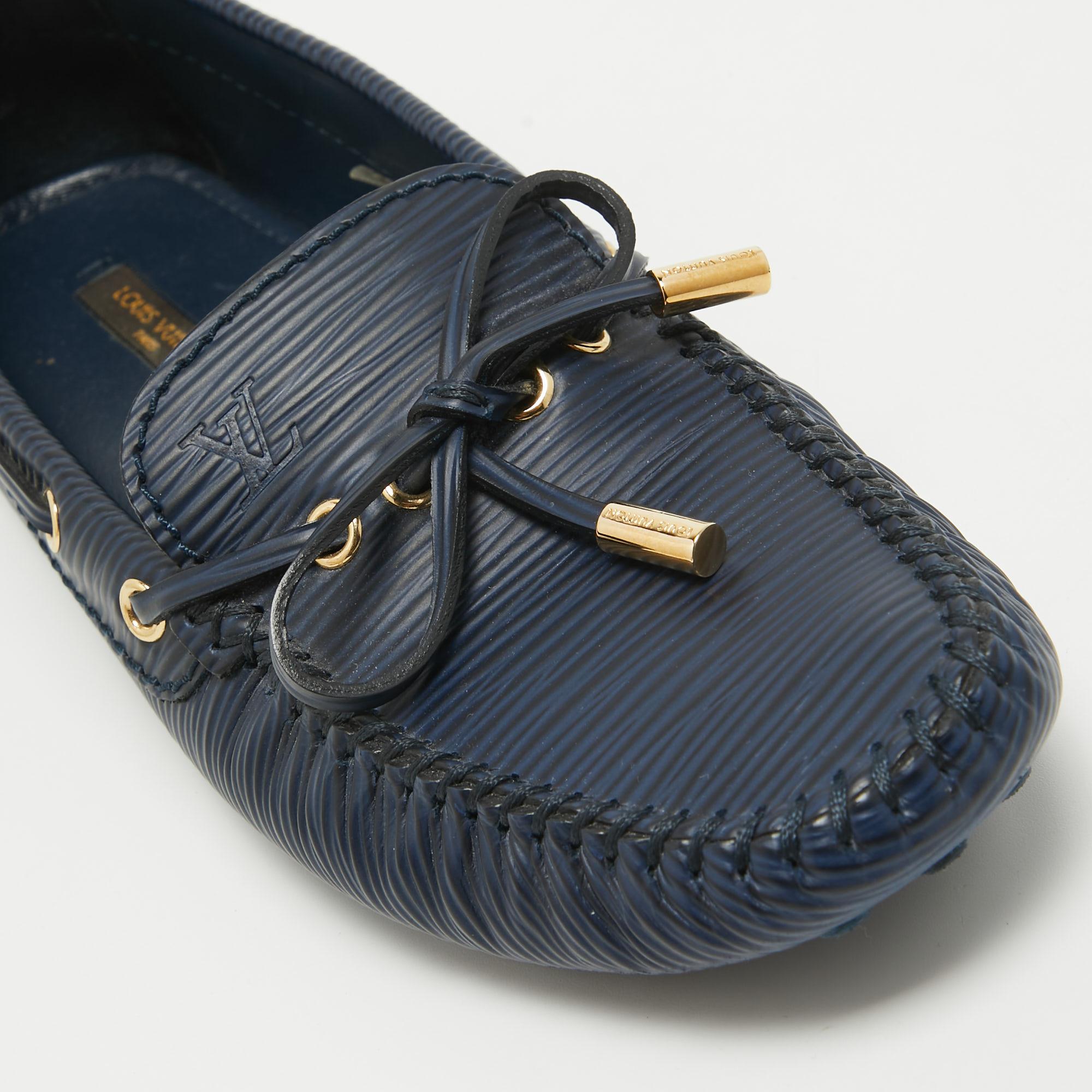 Louis Vuitton Navy Blue Leather Arizona Bow Slip On Loafers Size 36.5 For Sale 2