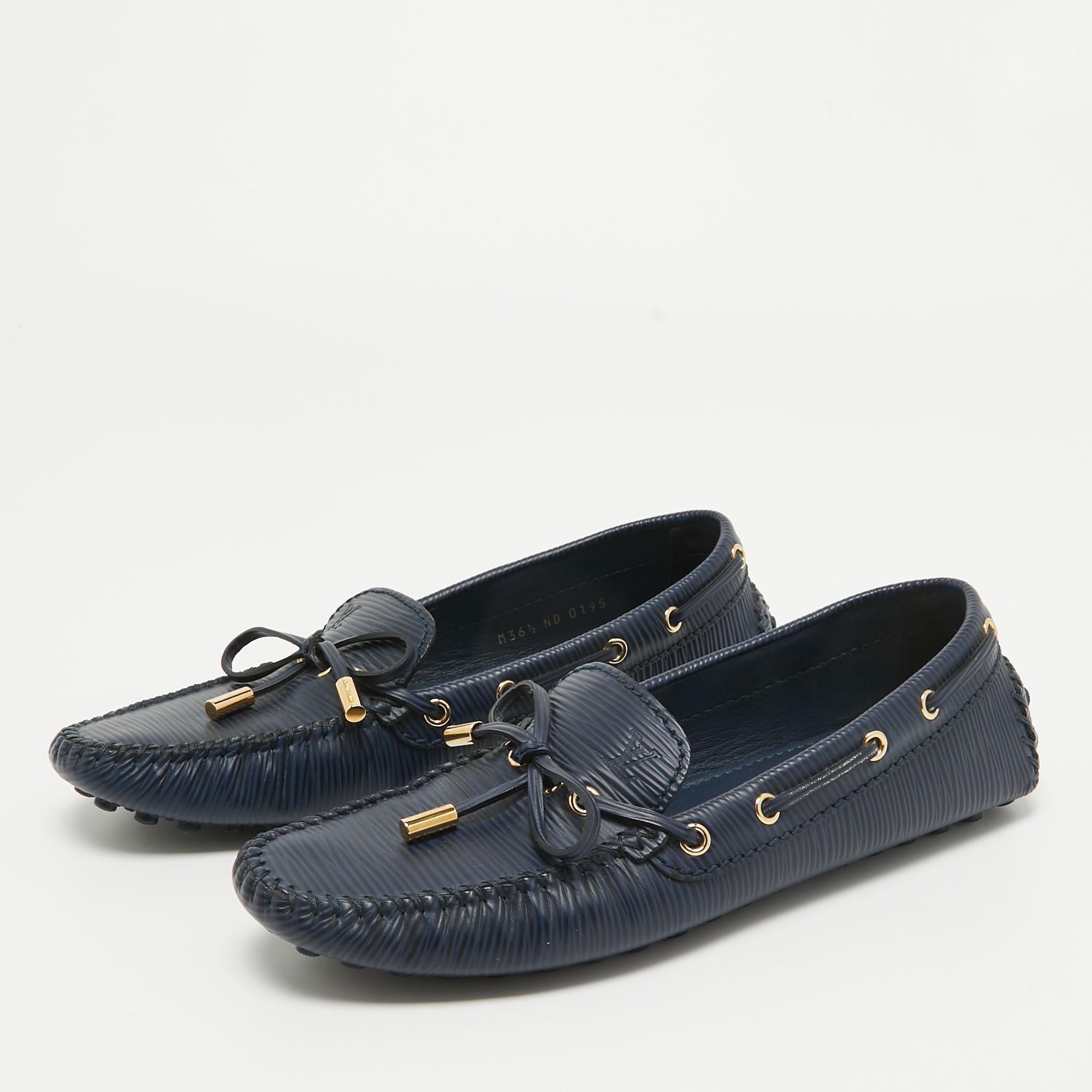 Louis Vuitton Navy Blue Leather Arizona Bow Slip On Loafers Size 36.5 For Sale 4