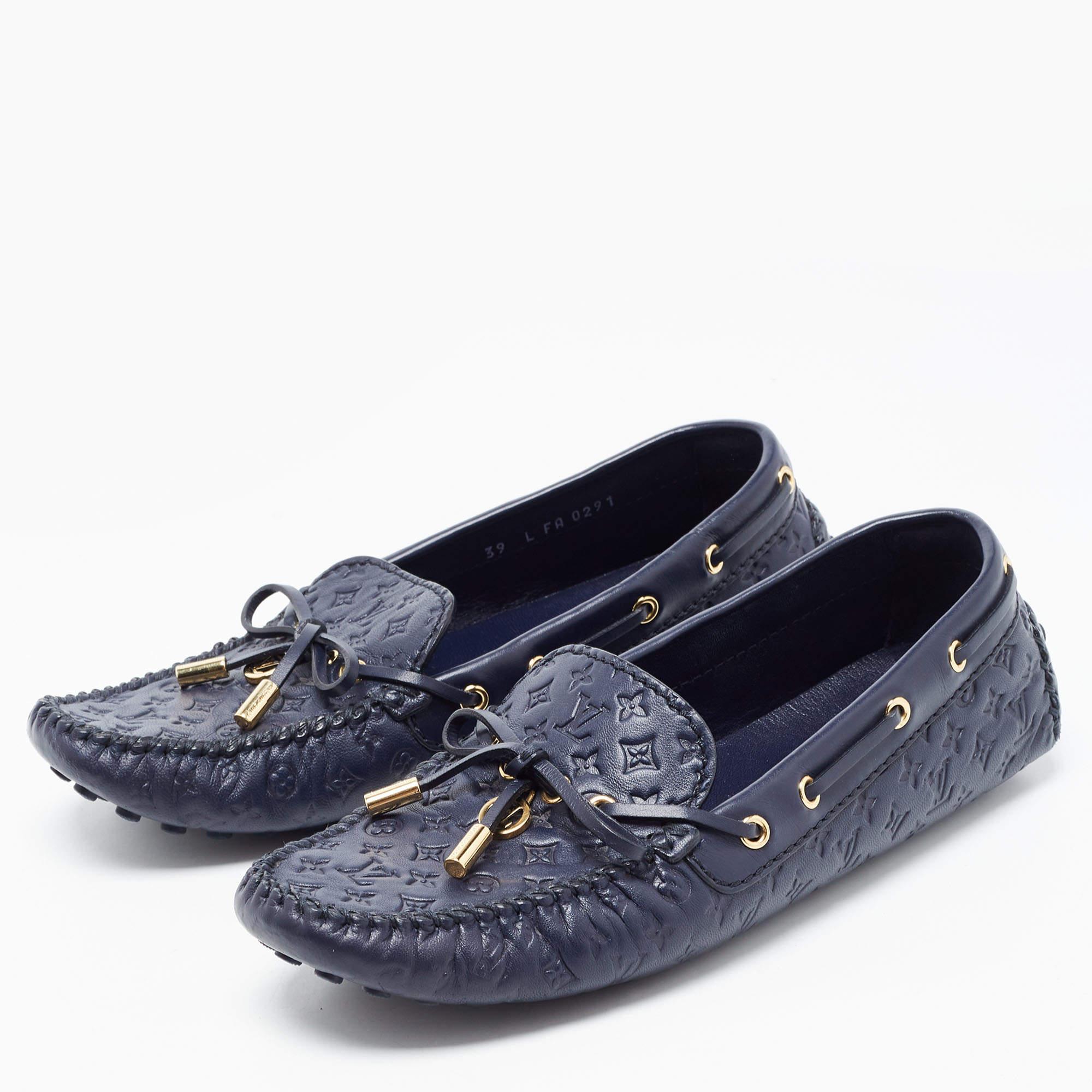 Louis Vuitton Navy Blue Leather Gloria Bow Slip On Loafers Size 39 5
