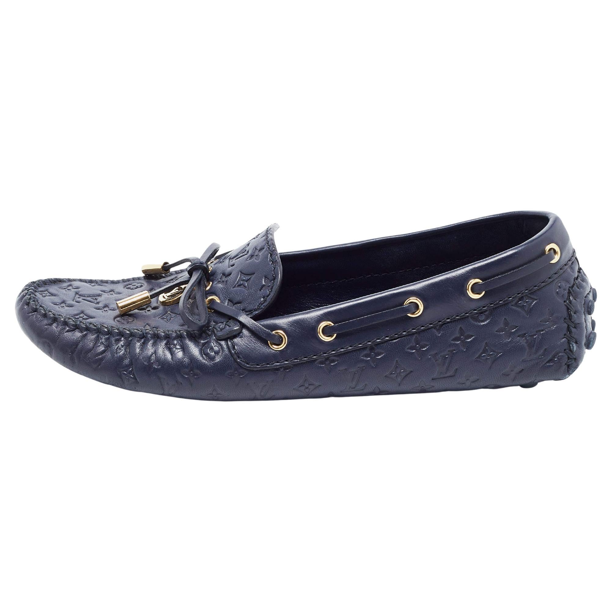 Louis Vuitton Navy Blue Leather Gloria Bow Slip On Loafers Size 39