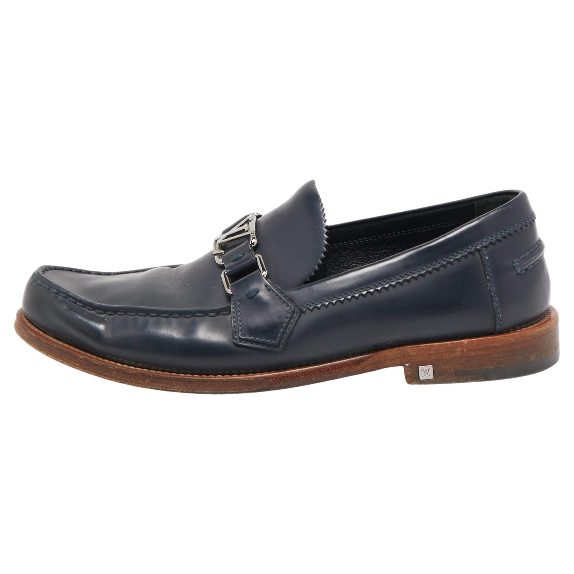 Louis Vuitton Navy Blue Leather Hockenheim Loafers Size 40 For Sale