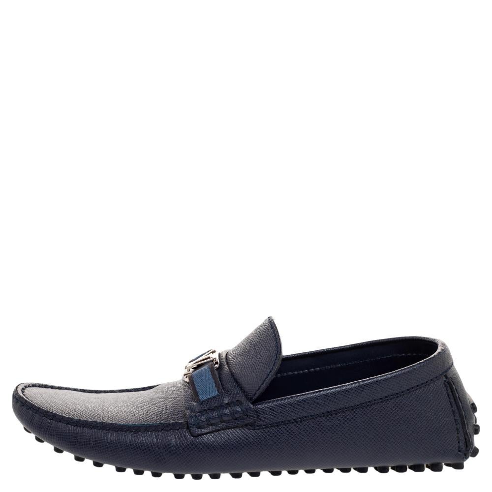 Black Louis Vuitton Navy Blue Leather Hockenheim Slip On Loafers Size 42