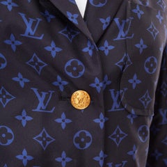 LOUIS VUITTON navy blue lightweight silk LV monogram gold button blazer FR34 XS
