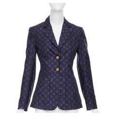 LOUIS VUITTON navy blue lightweight silk LV monogram gold button blazer FR34 XS