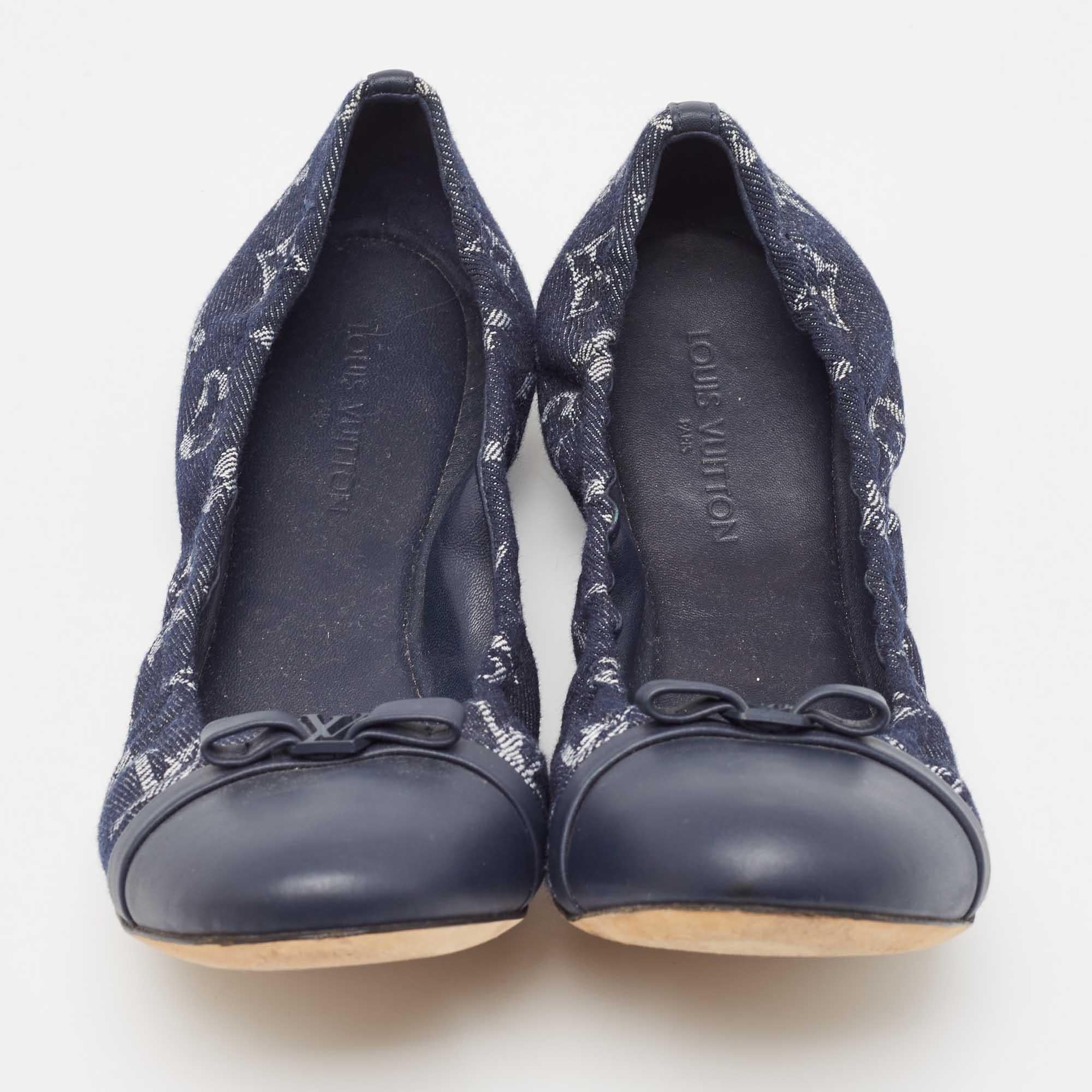 Women's Louis Vuitton Navy Blue Monogram Canvas and Leather Elba Bow Ballet Flats Size 3