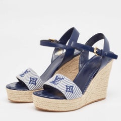 Louis Vuitton Navy Blue Monogram Canvas Leather Sail Away Wedge Sandals Size 38