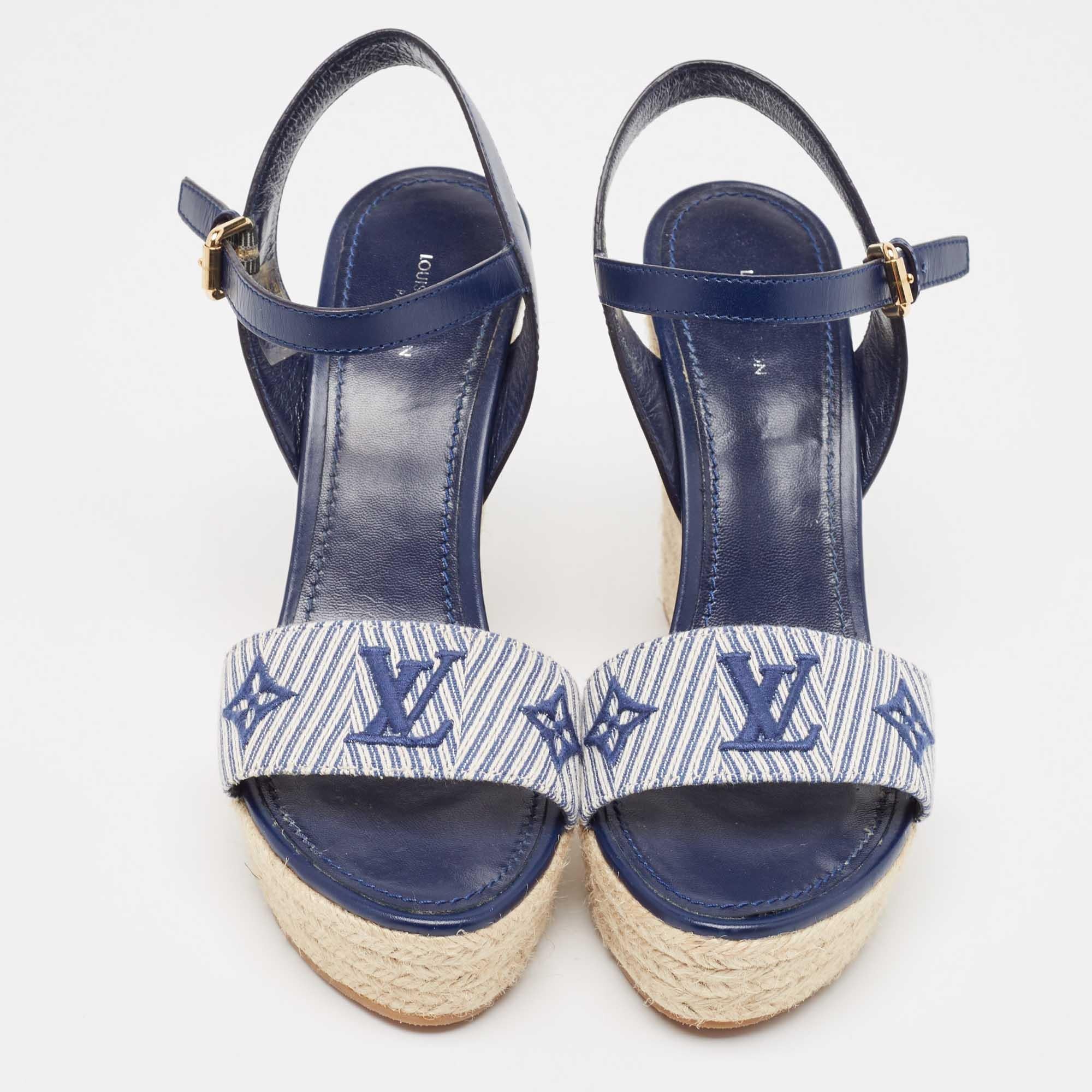 Louis Vuitton Navy Blue Monogram Canvas Leather Sail Away Wedge Sandals Size 38 In Fair Condition In Dubai, Al Qouz 2