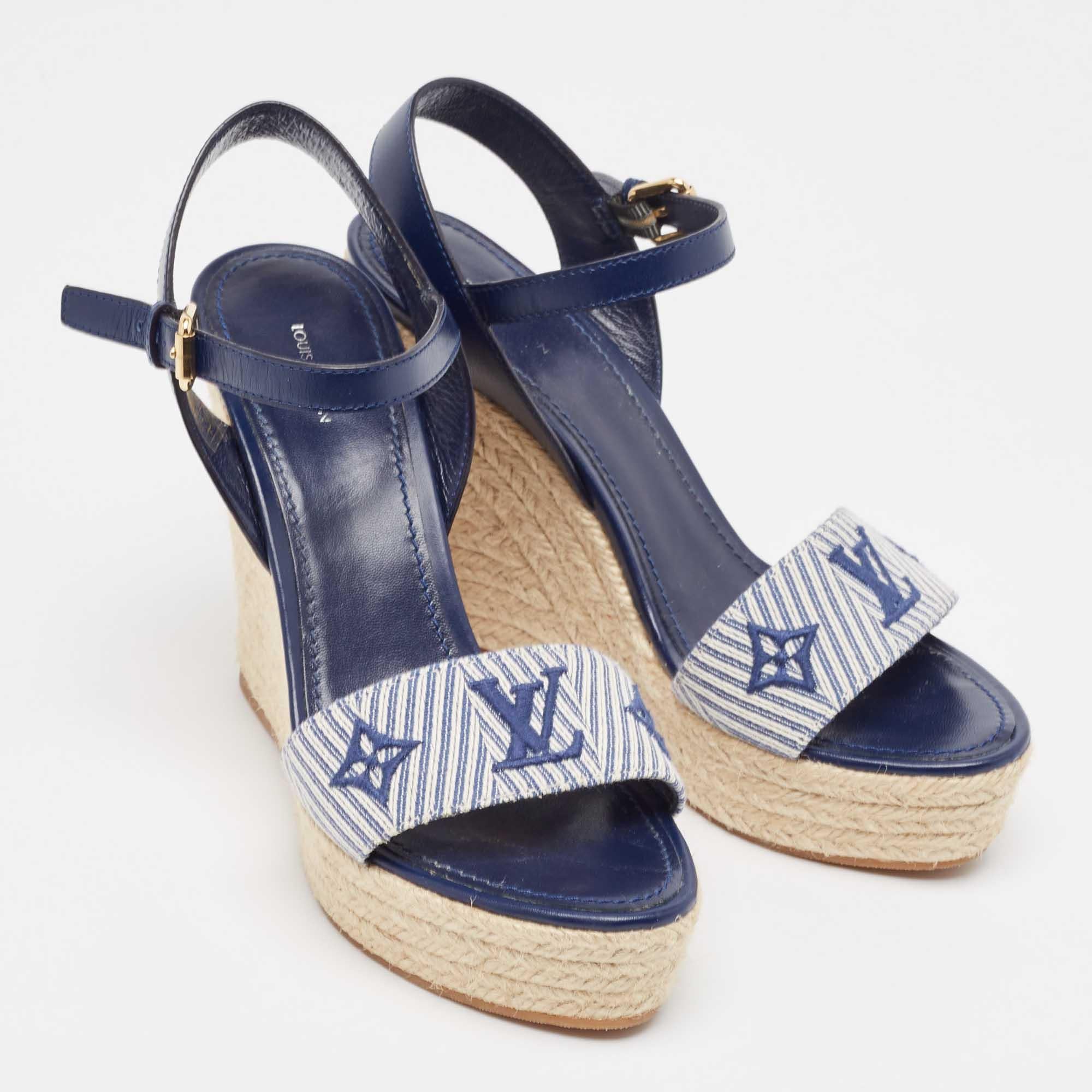 Women's Louis Vuitton Navy Blue Monogram Canvas Leather Sail Away Wedge Sandals Size 38