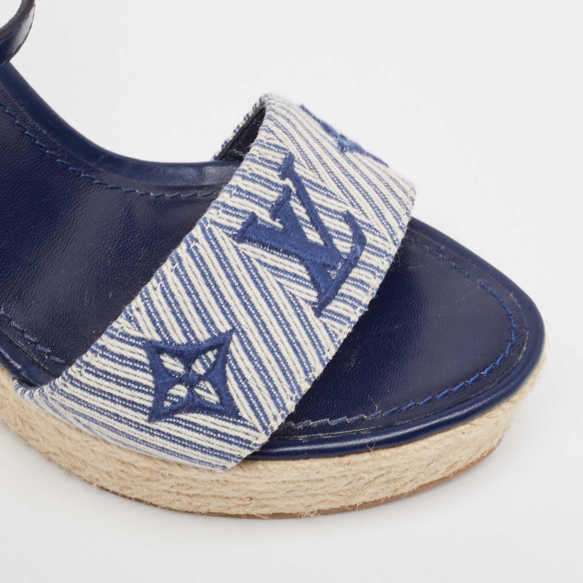 Louis Vuitton Navy Blue Monogram Canvas Leather Sail Away Wedge Sandals Size 38 3