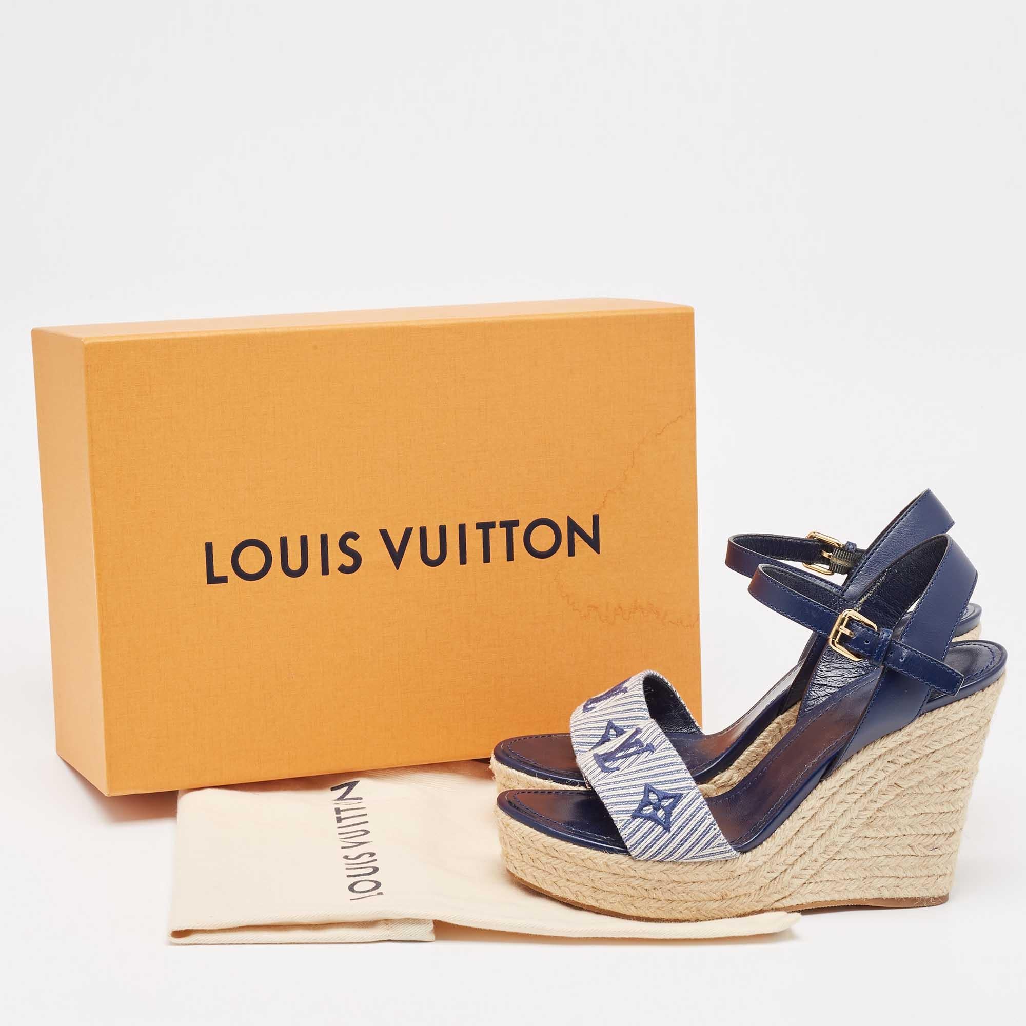 Louis Vuitton Navy Blue Monogram Canvas Leather Sail Away Wedge Sandals Size 38 5