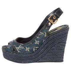 Escarpins espadrilles à talons compensés en denim bleu marine avec monogramme Louis Vuitton, taille 37