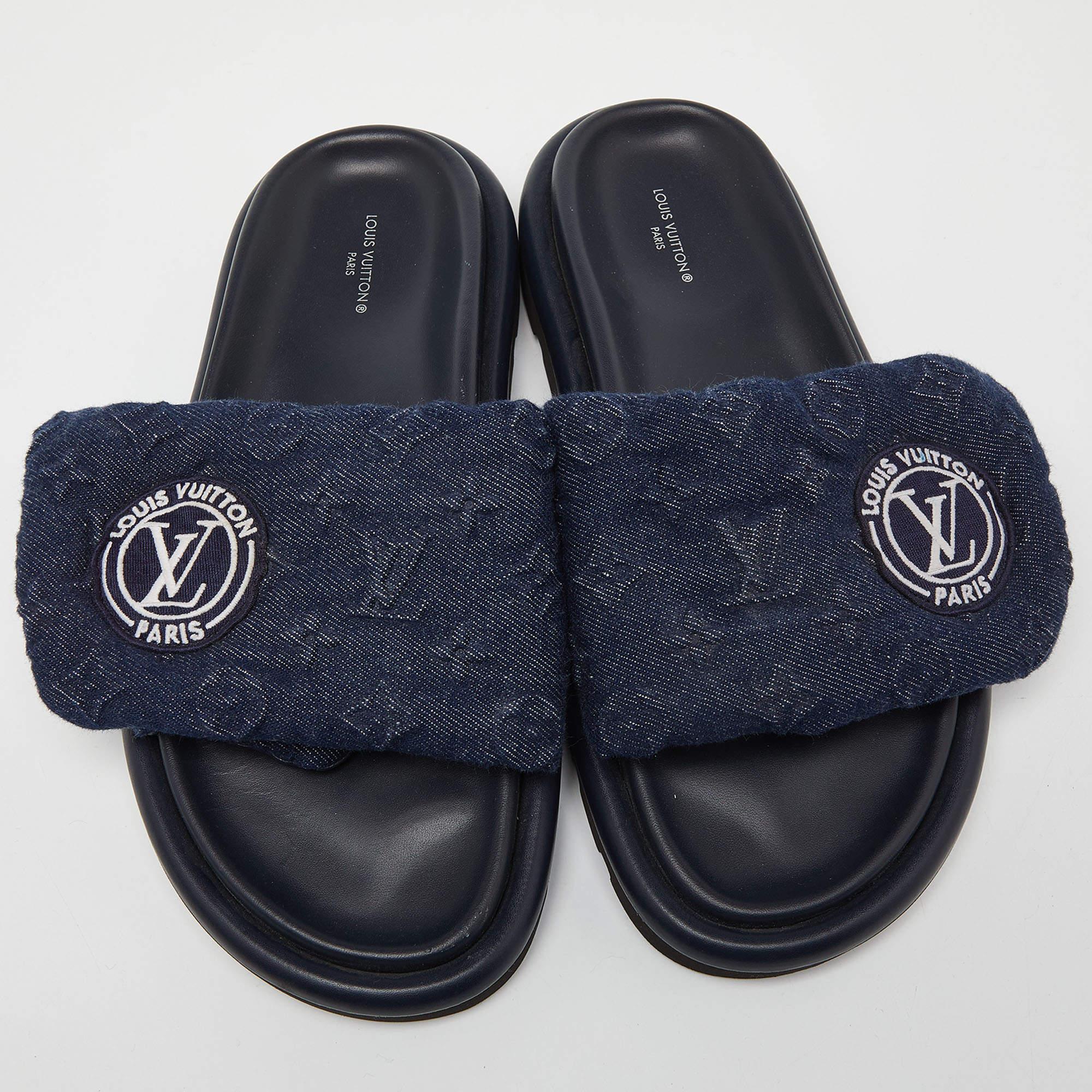 Black Louis Vuitton Navy Blue Monogram Denim Pool Pillow Velcro Flat Slides Size 40