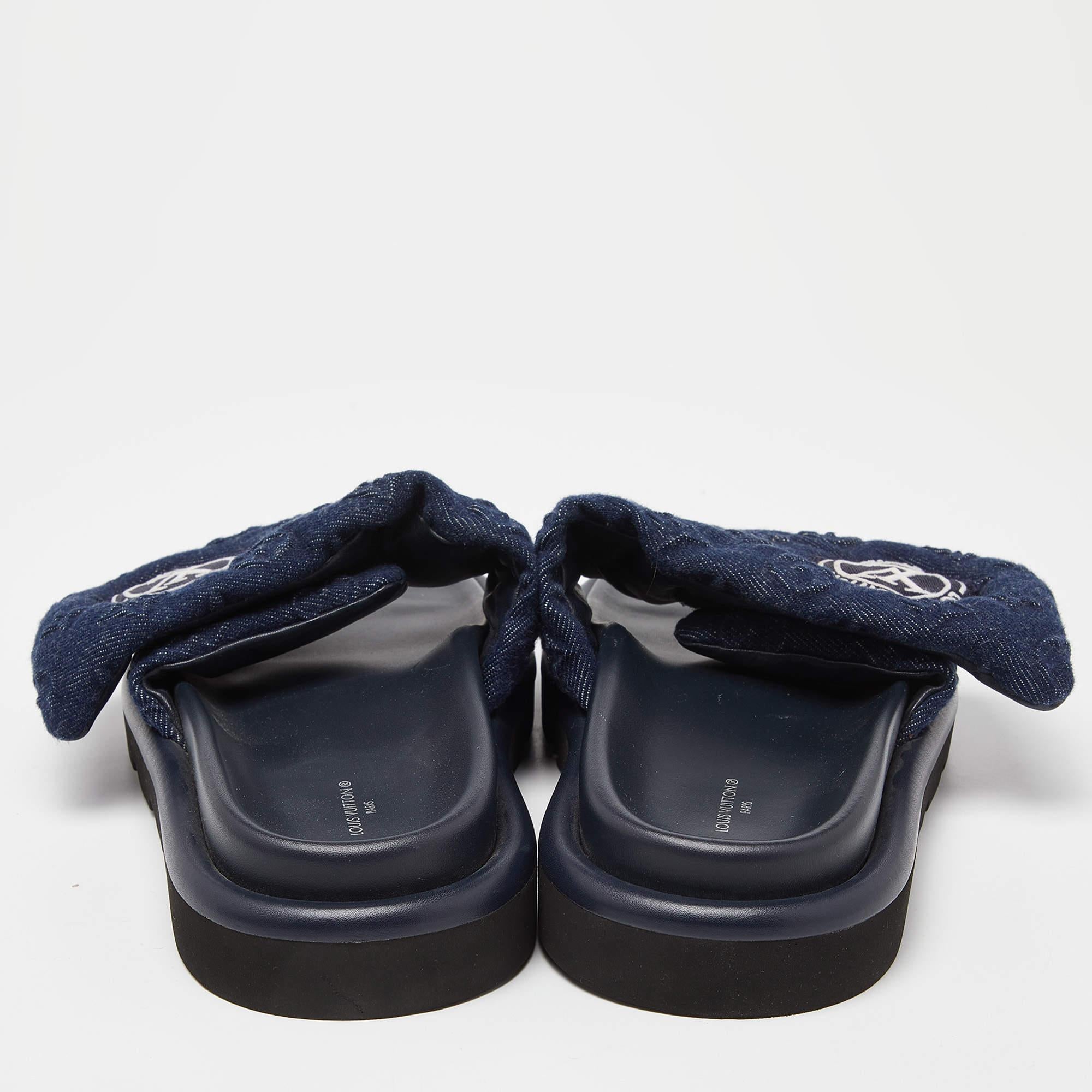 Women's Louis Vuitton Navy Blue Monogram Denim Pool Pillow Velcro Flat Slides Size 40